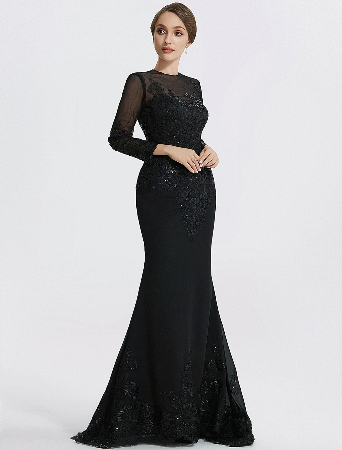 Mermaid Horn Sheath Post Evening Dress Formal Floor length Sleeves Jewel Neck Lace Applique