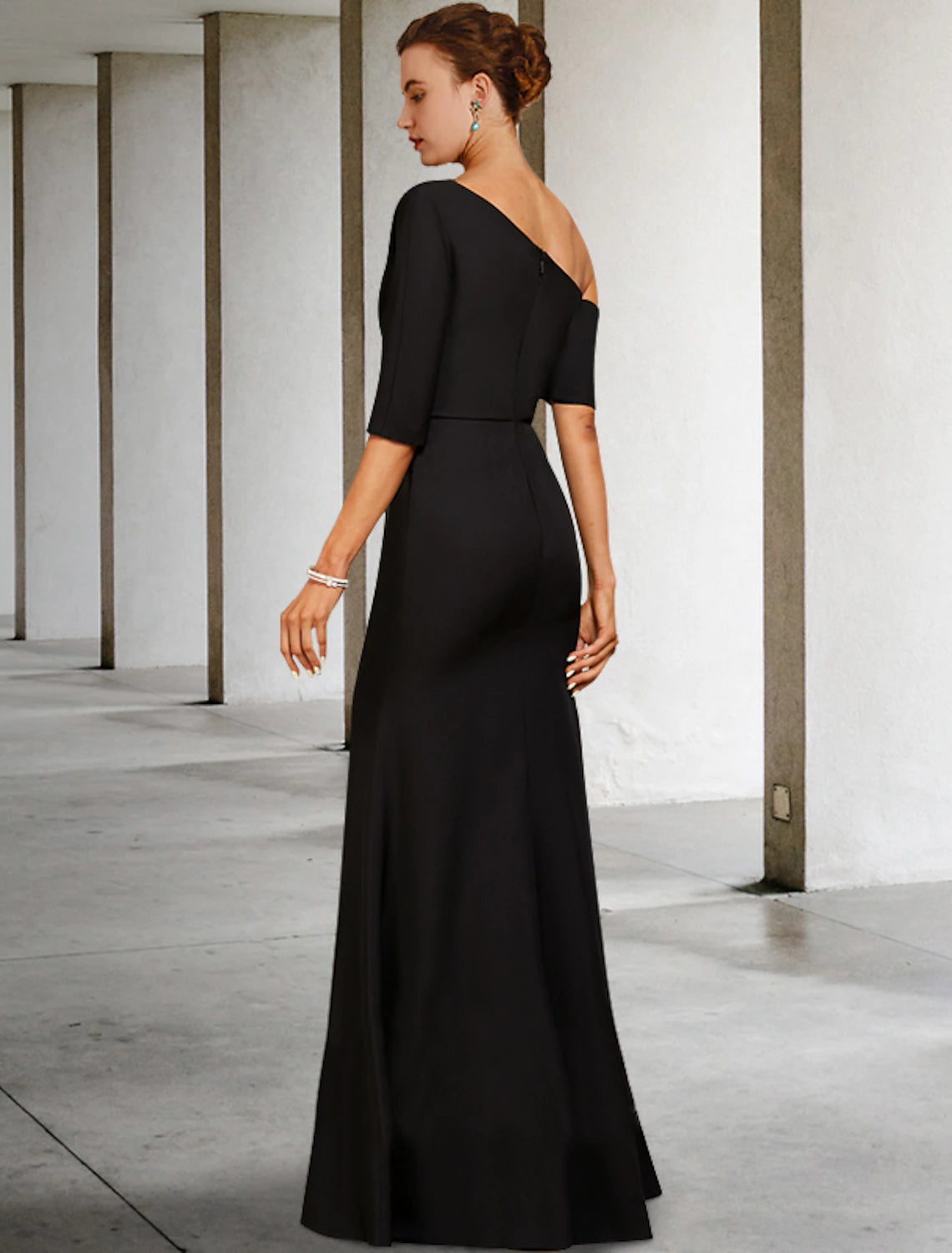 Bride Mom Dress Wedding Guests Retro One Shoulder to Floor Length Soft Satin 3/4 Long Sleeves with Ruffle Edge Side Drop