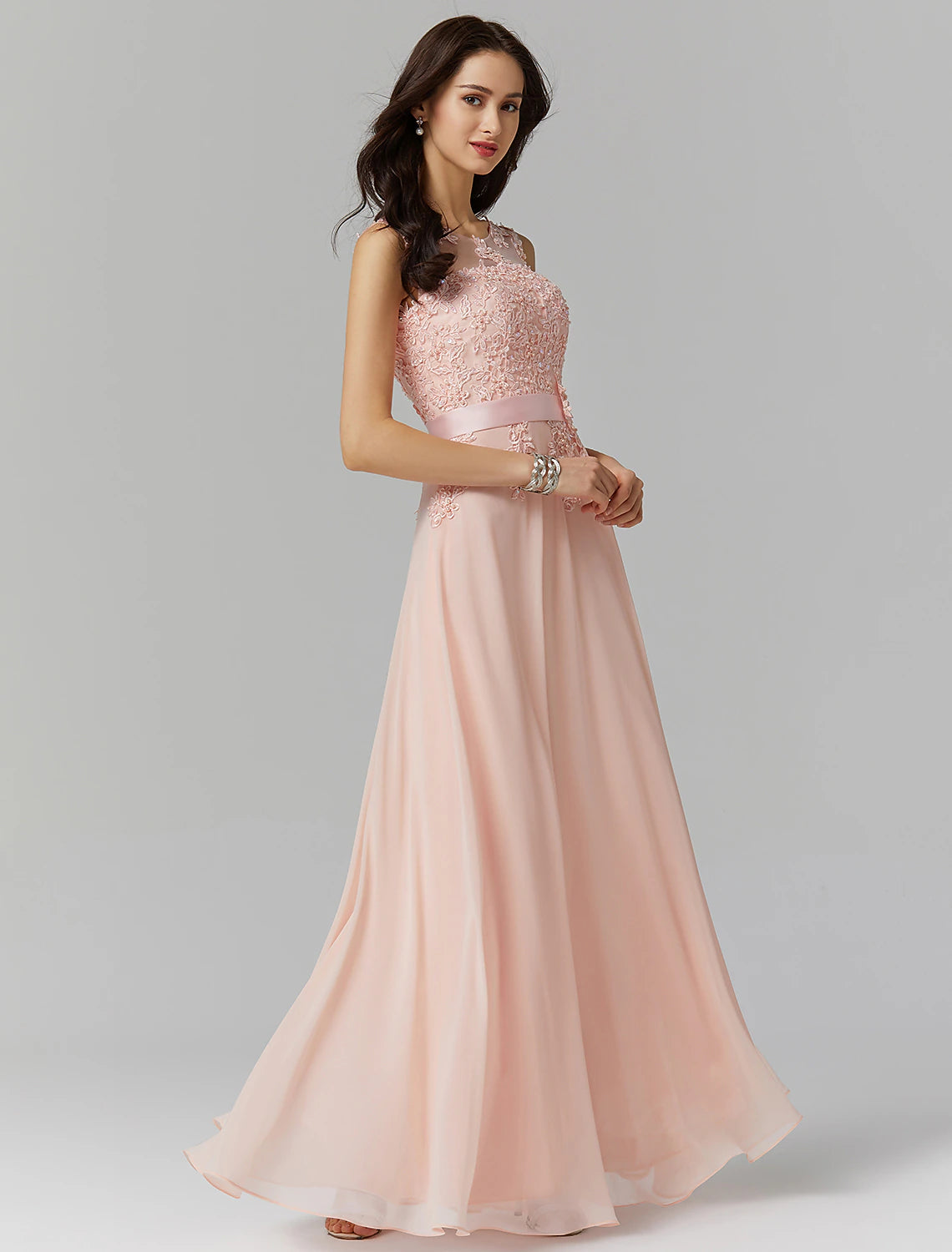 A-line Evening Dress Elegant Decal Dress Wedding Guest Ball and Floor Length Sleeveless Perspective Collar Bridesmaid Dress Georgette