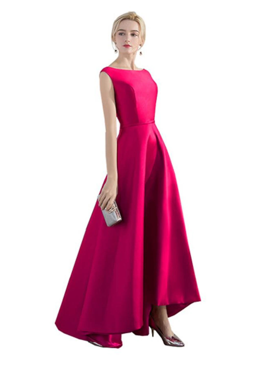 A-line Evening Dress Wedding Guest Party Asymmetric Sleeveless Jewel Neck Satin Fashion