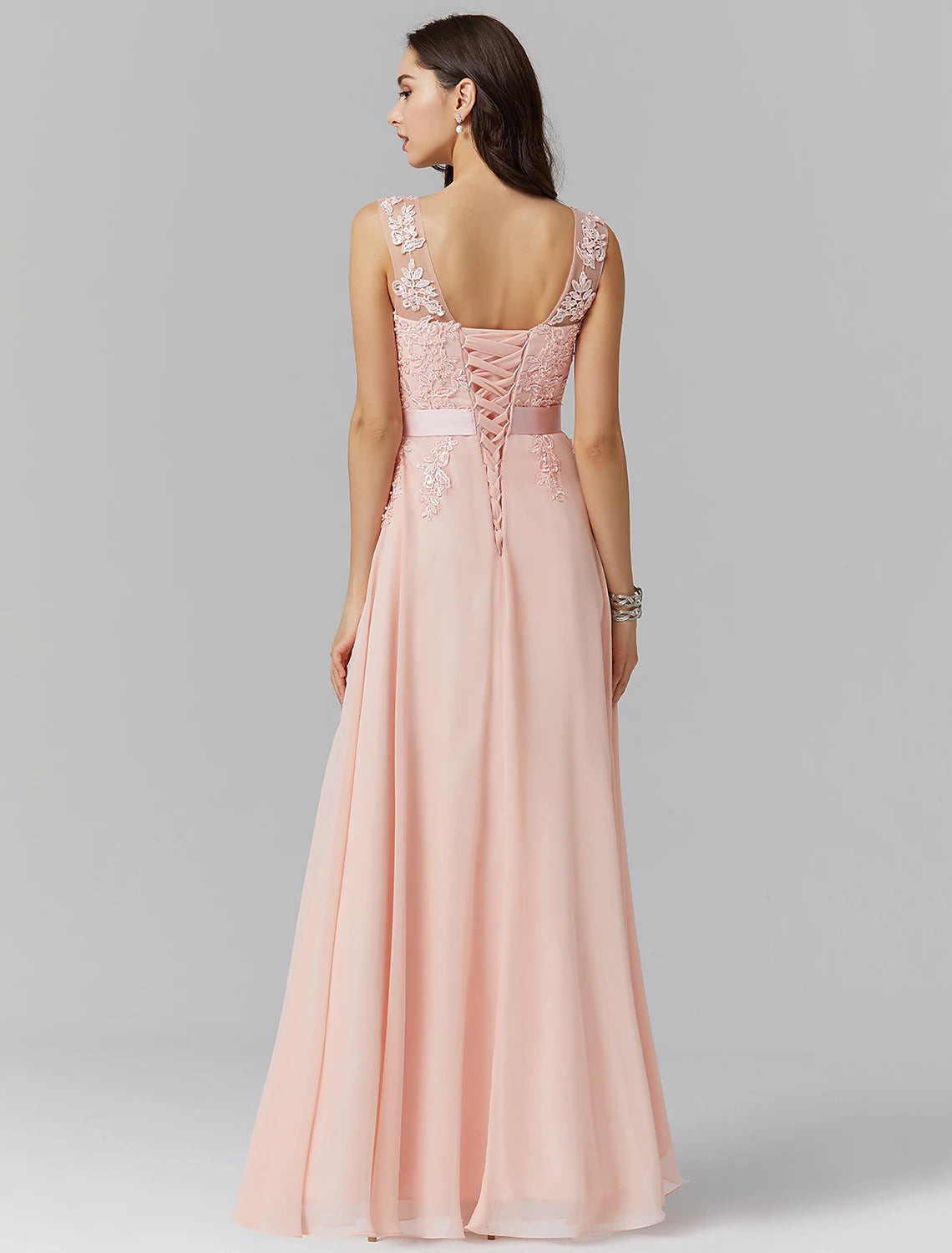 A-line Evening Dress Elegant Decal Dress Wedding Guest Ball and Floor Length Sleeveless Perspective Collar Bridesmaid Dress Georgette