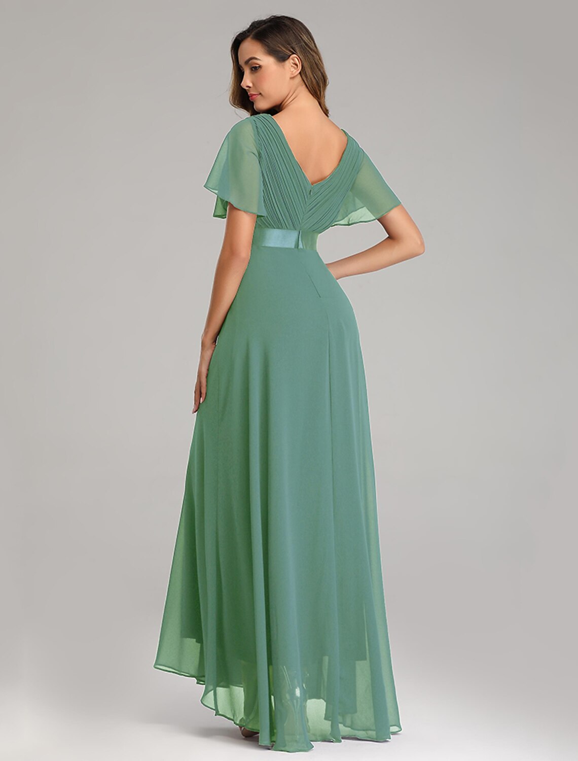 A-shaped ball dress autumn wedding guest dress bridesmaid floor to ceiling long and short sleeved V-neck chiffon V-back strap pleated ruffle edge
