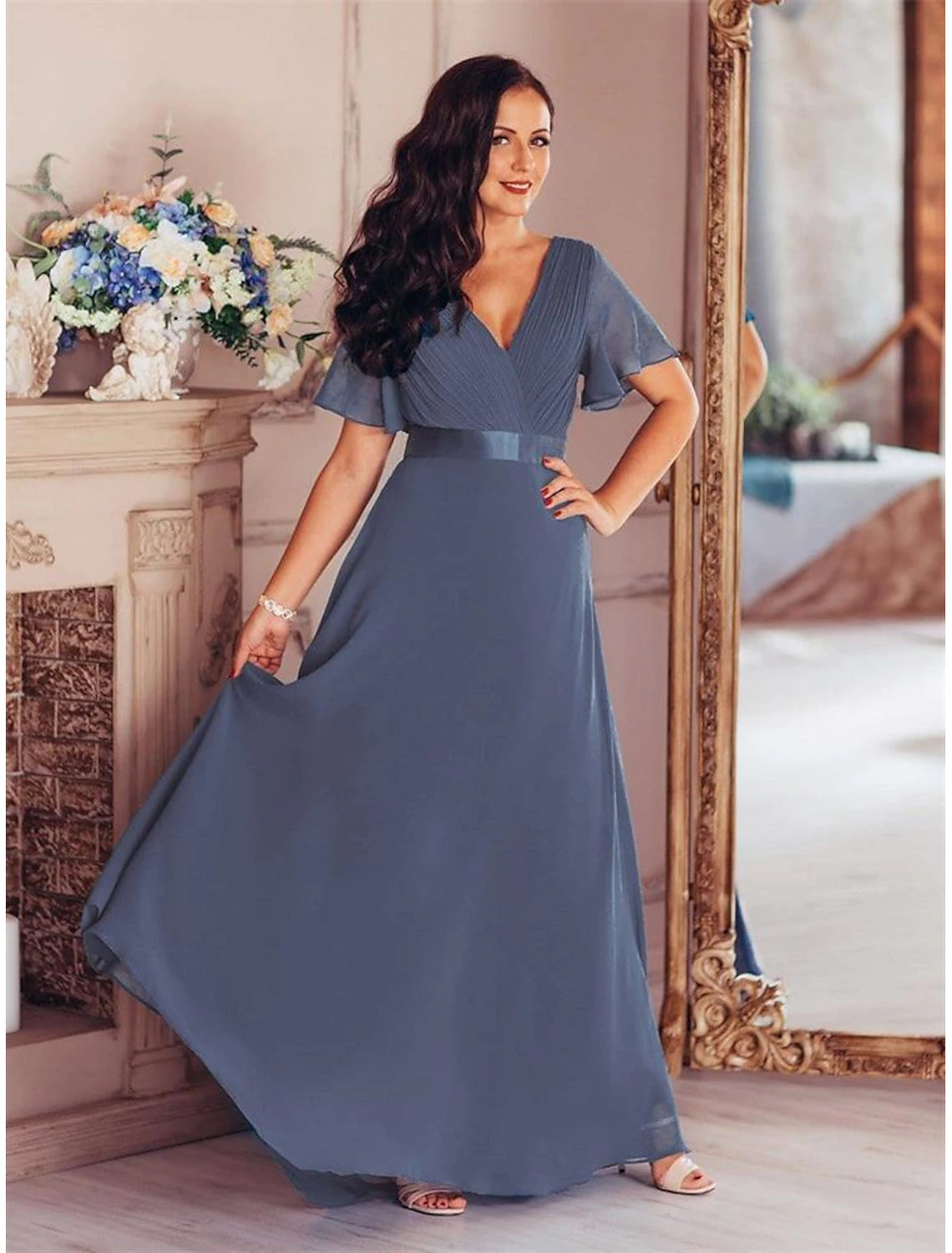 A-line Party Evening Dress Wedding Guest Long Short Sleeve V-Neck Bridesmaid Dress Chiffon V-Strap Ruffle Edge