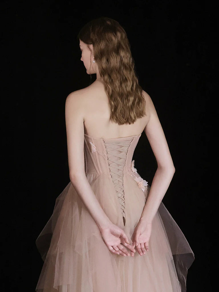 A-Line Champagne Tulle Beads Long Evening Dress Champagne Tulle Long Formal Dress