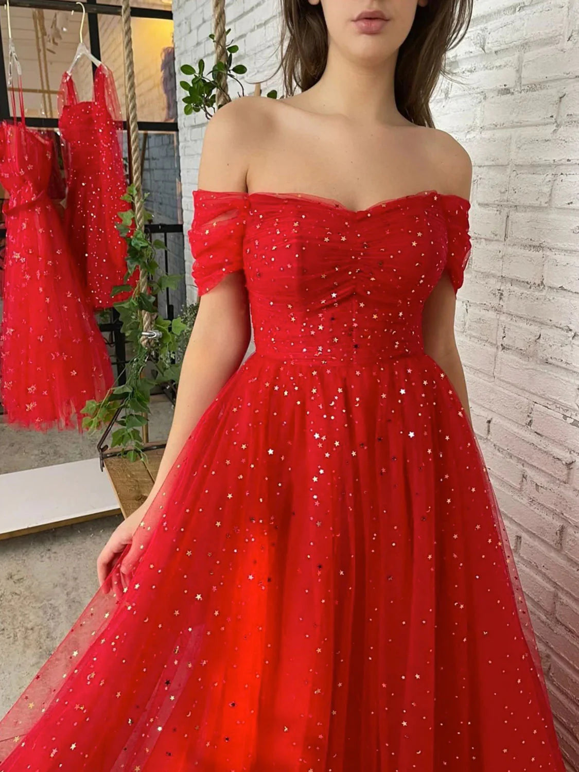 Simple red tulle off shoulder long prom dress red tulle prom dress