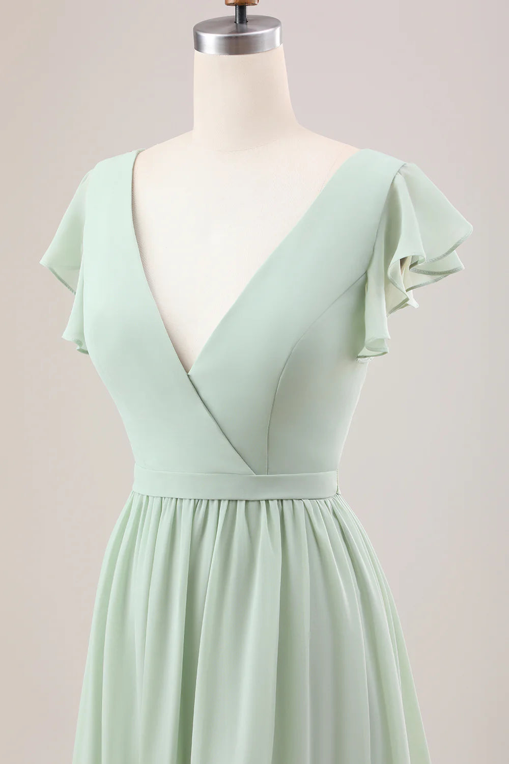 A Line V Neck Lace-Up Back Long Bridesmaid Dress With Slit
