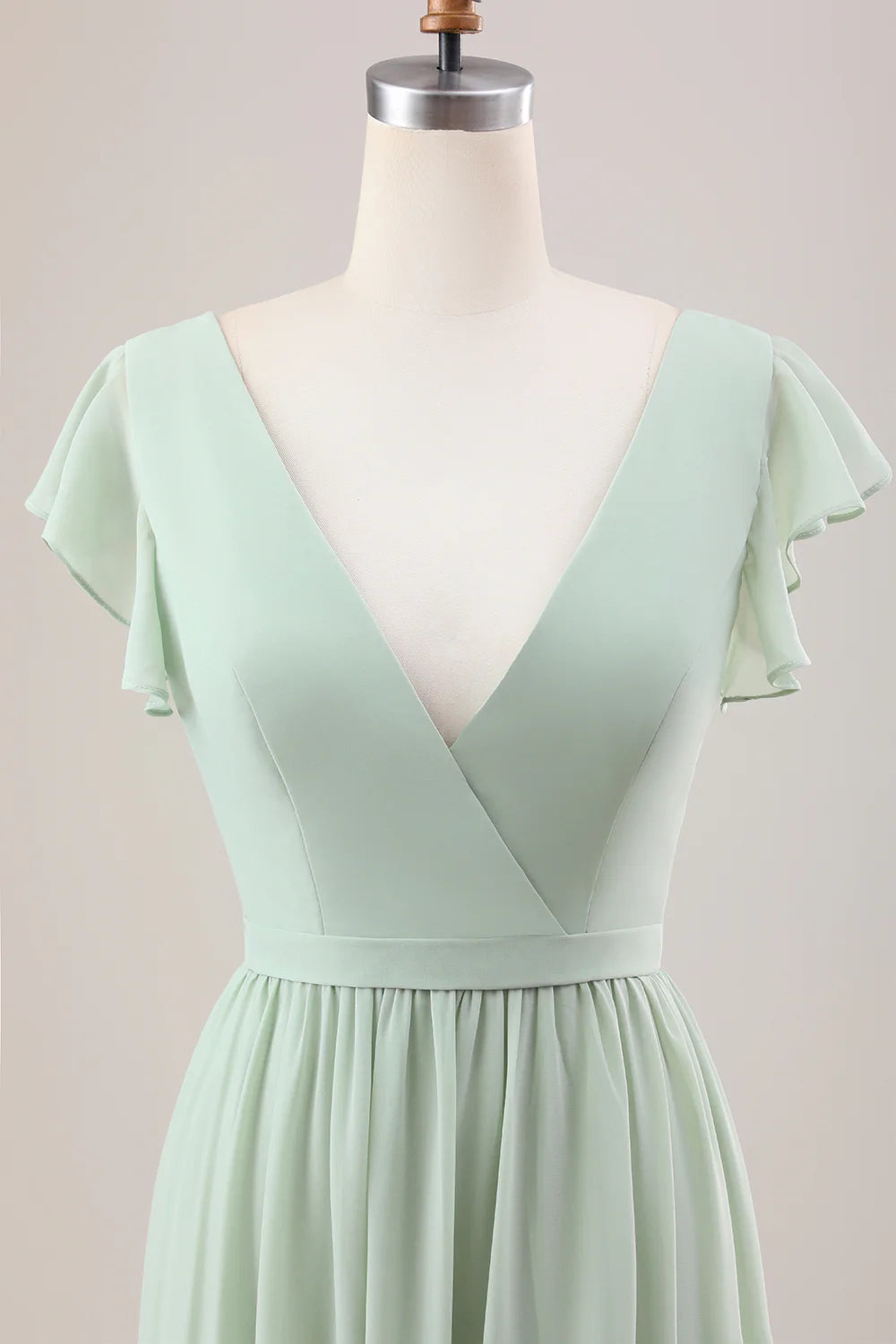 A Line V Neck Lace-Up Back Long Bridesmaid Dress With Slit