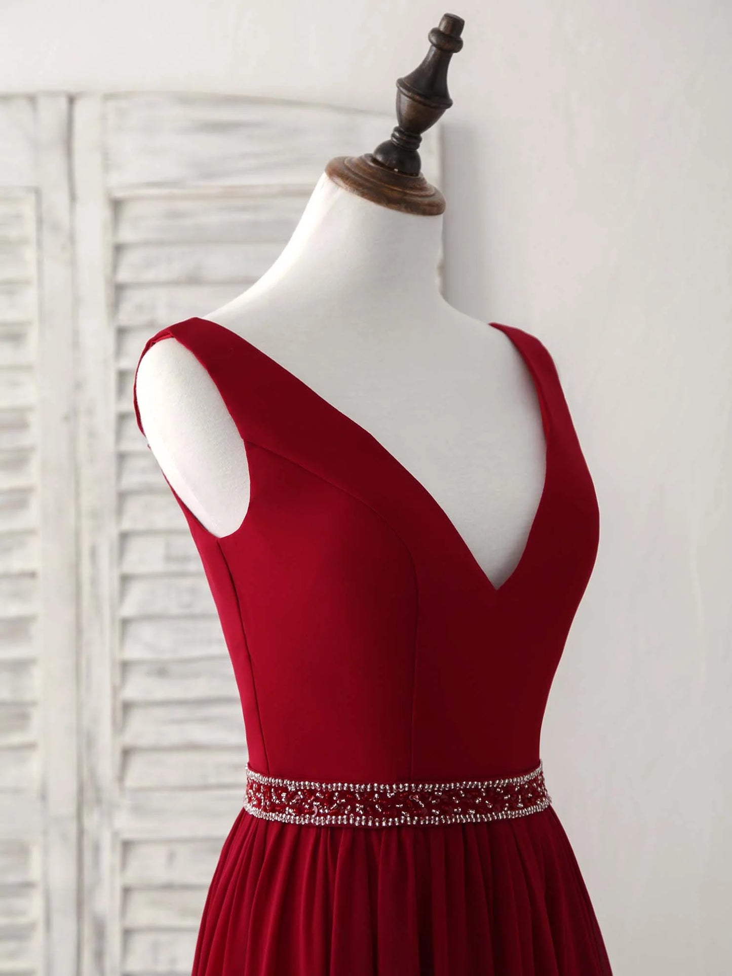 V Neck Beads Long Prom Dress Burgundy Evening Dress