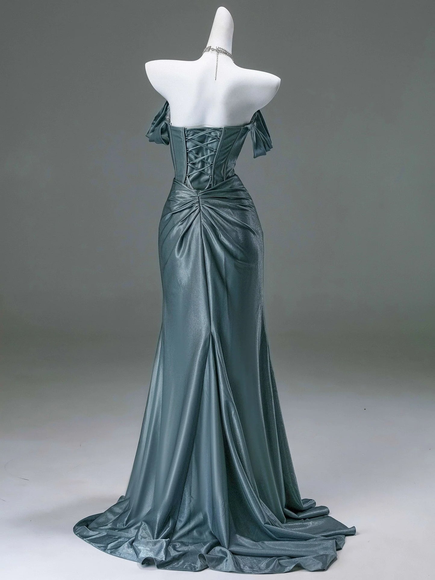Steel Blue Silk Evening Dress Corset Back Wedding Dress with Off the Shoulder Design