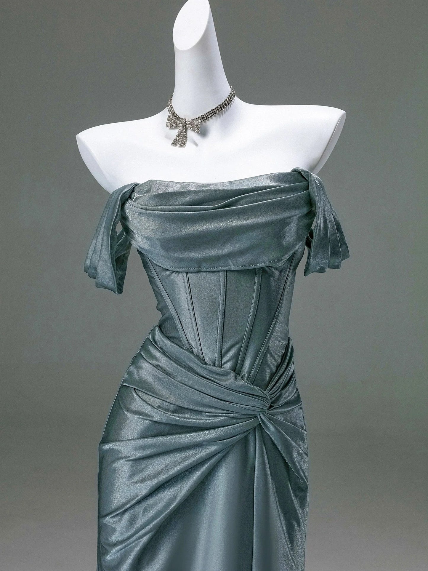 Steel Blue Silk Evening Dress Corset Back Wedding Dress with Off the Shoulder Design