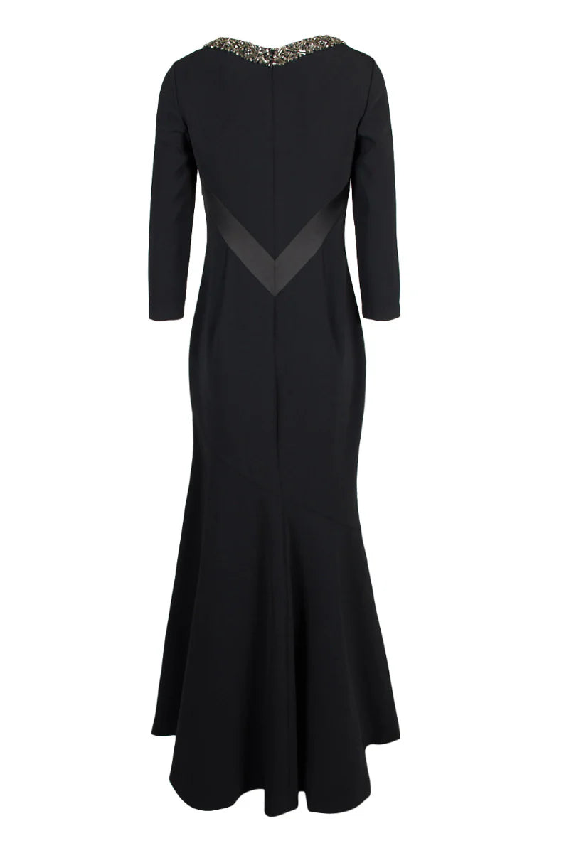 Embellished Boat Neck Long Sleeve Flutter Hem Zipper Back Pleated Crossed Front Mother of the Bride Dresses