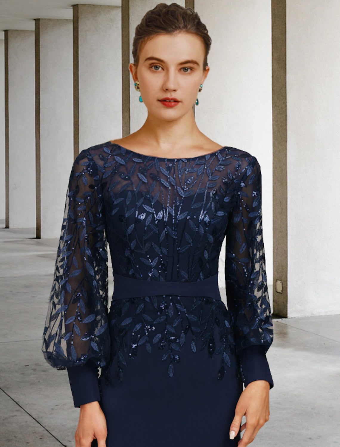 Mermaid Small Bride Mom Dress Wedding Guests Vintage Jewelry Neck Sweeping Brush Tail Chiffon Lace Long Sleeves with Sequin Ruffle Edge