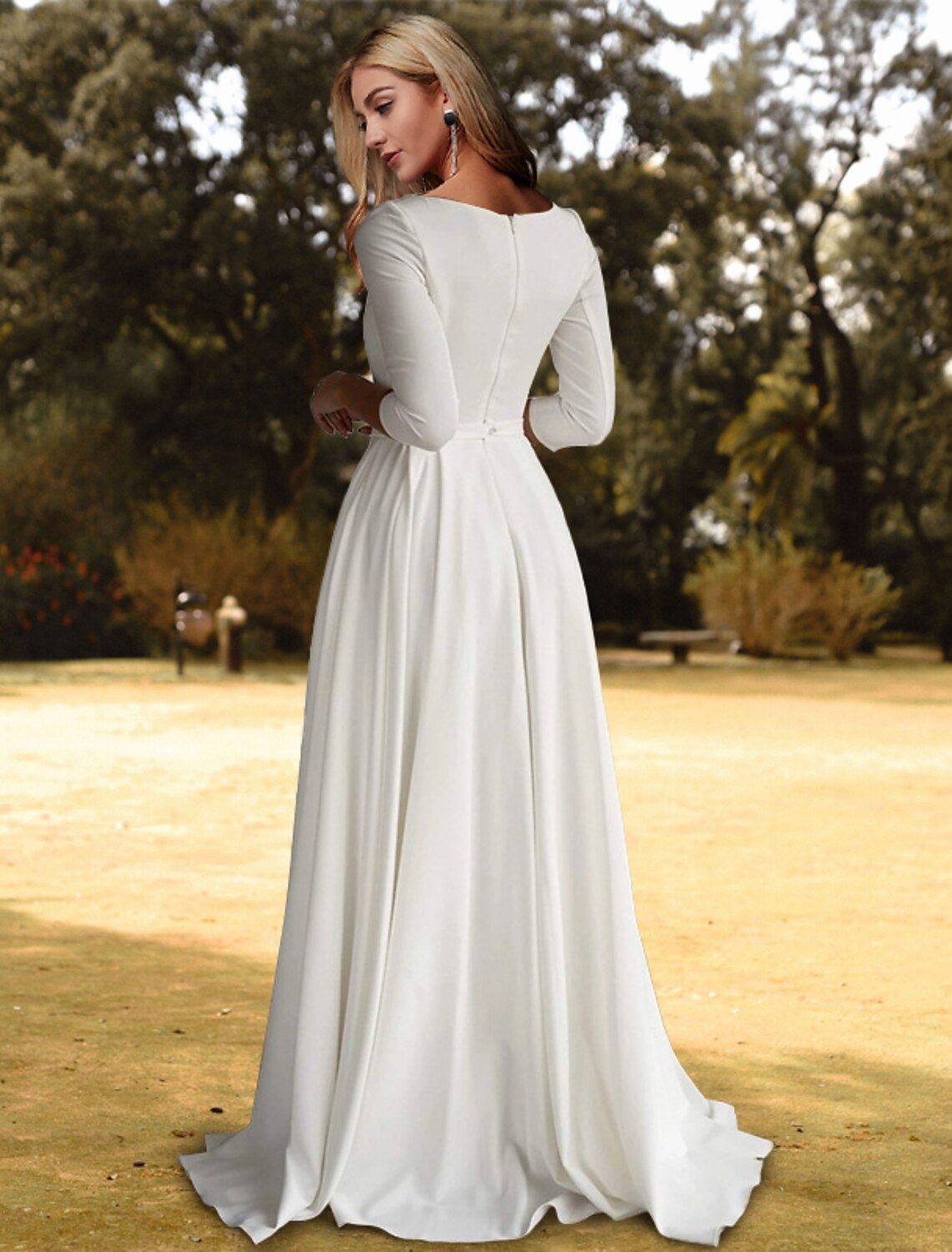 Casual wedding dress A-line low round neck 3/4 long sleeved broomstick tail elastic fabric bride dress with pleats