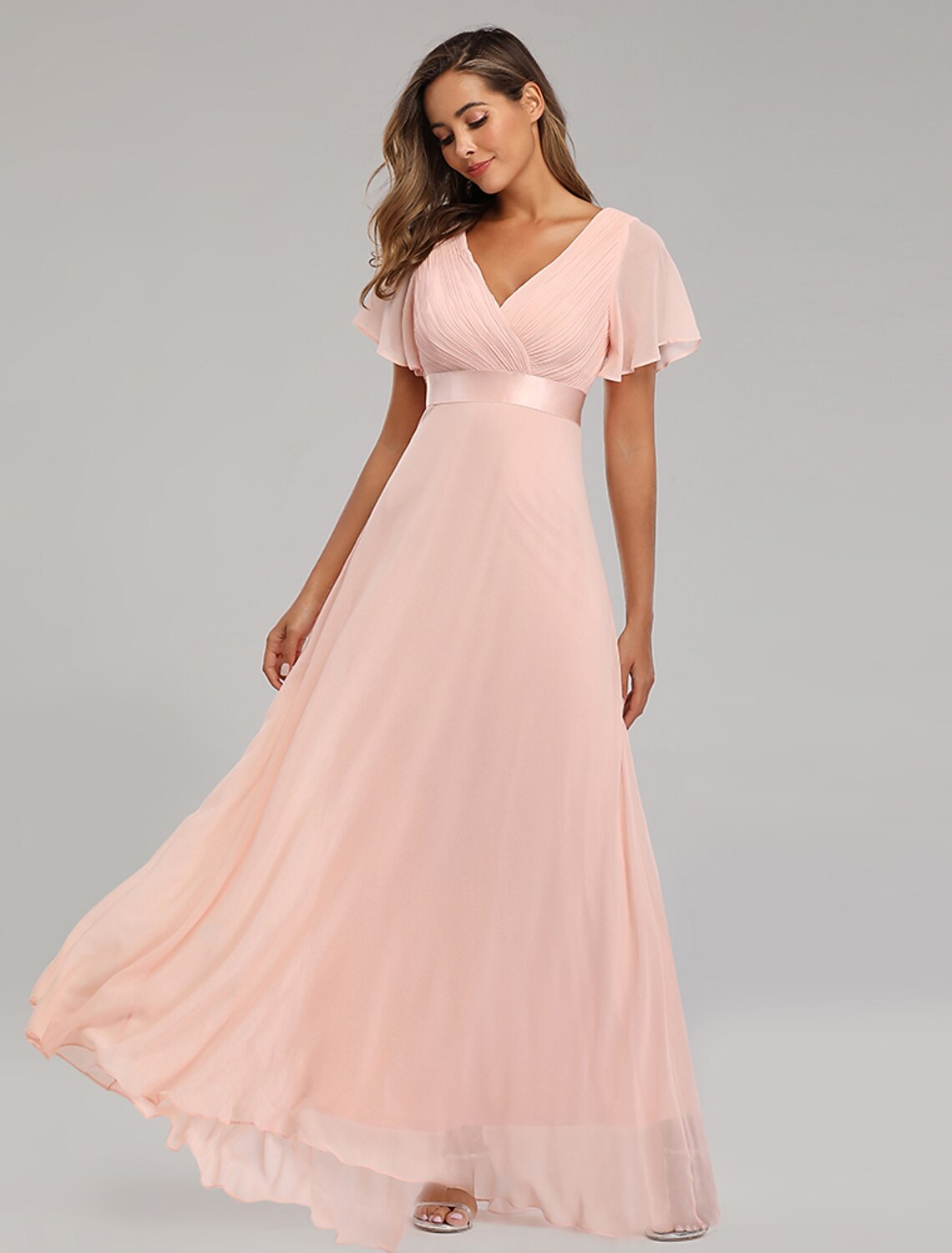A-shaped ball dress autumn wedding guest dress bridesmaid floor to ceiling long and short sleeved V-neck chiffon V-back strap pleated ruffle edge