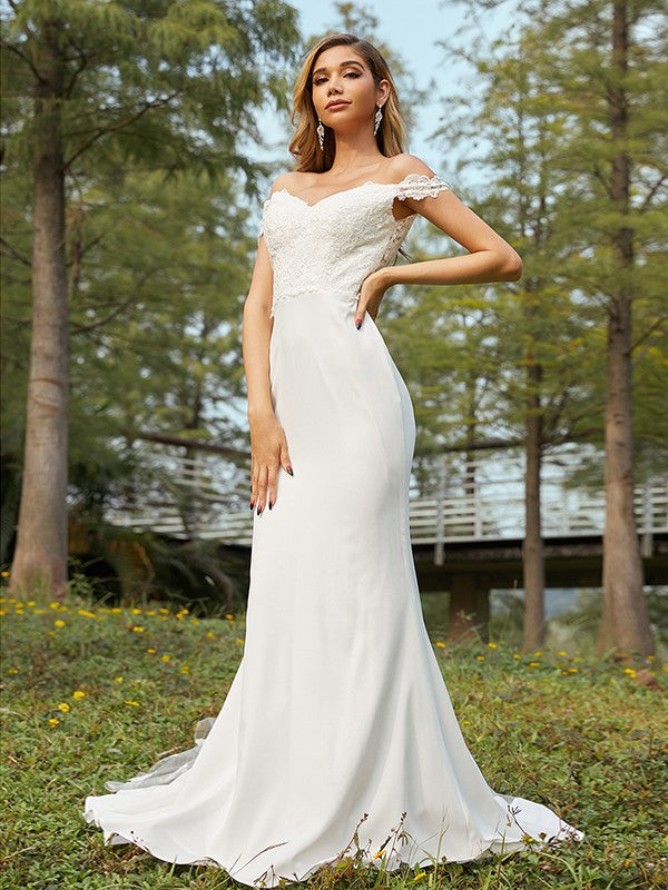 A-line Princess Elastic Round Neck Off the Shoulder Sleeveless Sweeping Shoulder Dress Bridesmaid Dress