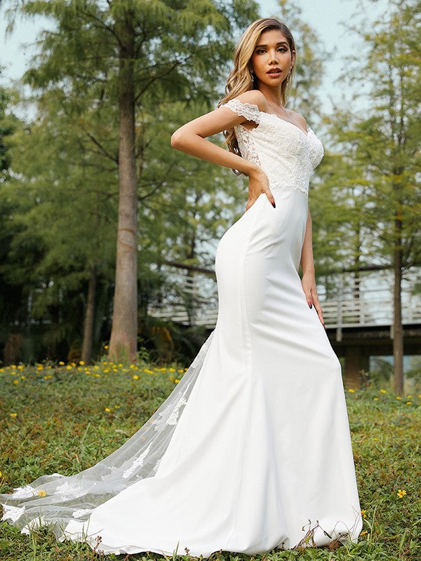 A-line Princess Elastic Round Neck Off the Shoulder Sleeveless Sweeping Shoulder Dress Bridesmaid Dress