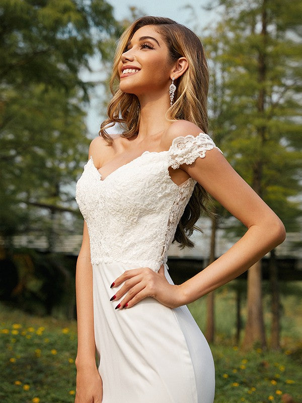 A-line Princess Elastic Round Neck Off the Shoulder Sleeveless Sweeping Shoulder Dress Bridesmaid Dress