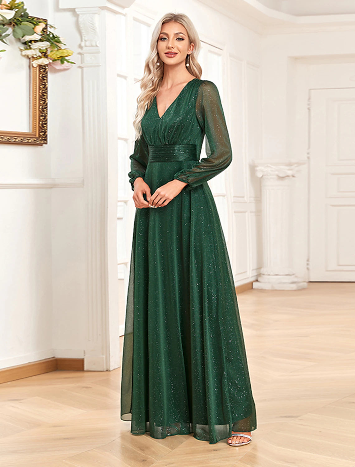 A-shaped Evening Dress Sparkling Elegant Dress Formal Wedding Party Dress and Floor Long Sleeve V-Neck Chiffon with Sequins