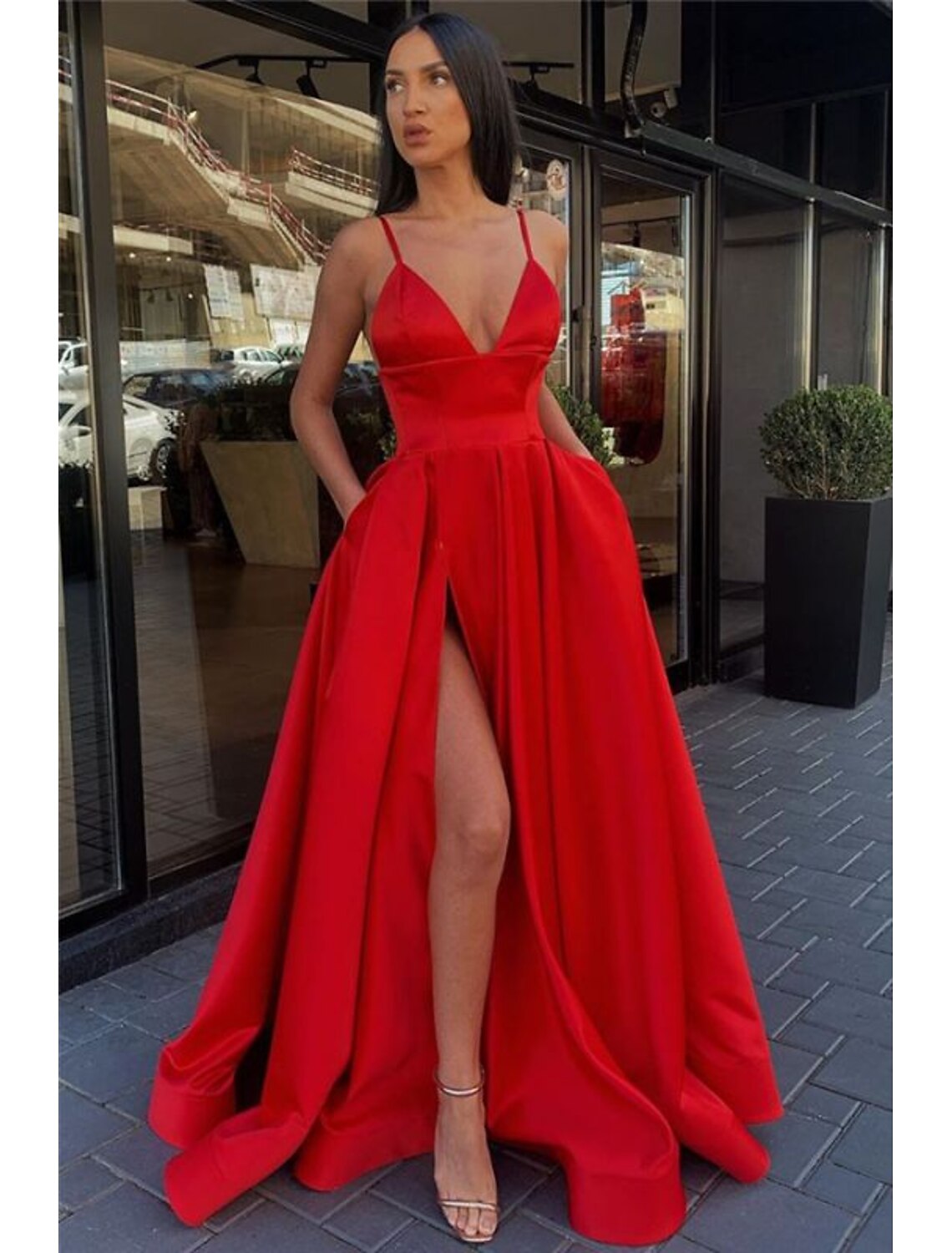 A-shaped black dress ball dress high slit evening dress day and summer dress thin shoulder strap sleeveless sweeping/brush trailing satin pleats