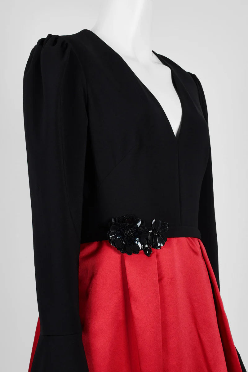V-Neck Long Sleeve Embellished Waist Box Pleat Zipper Back Crepe Mother of the Bride Dresses
