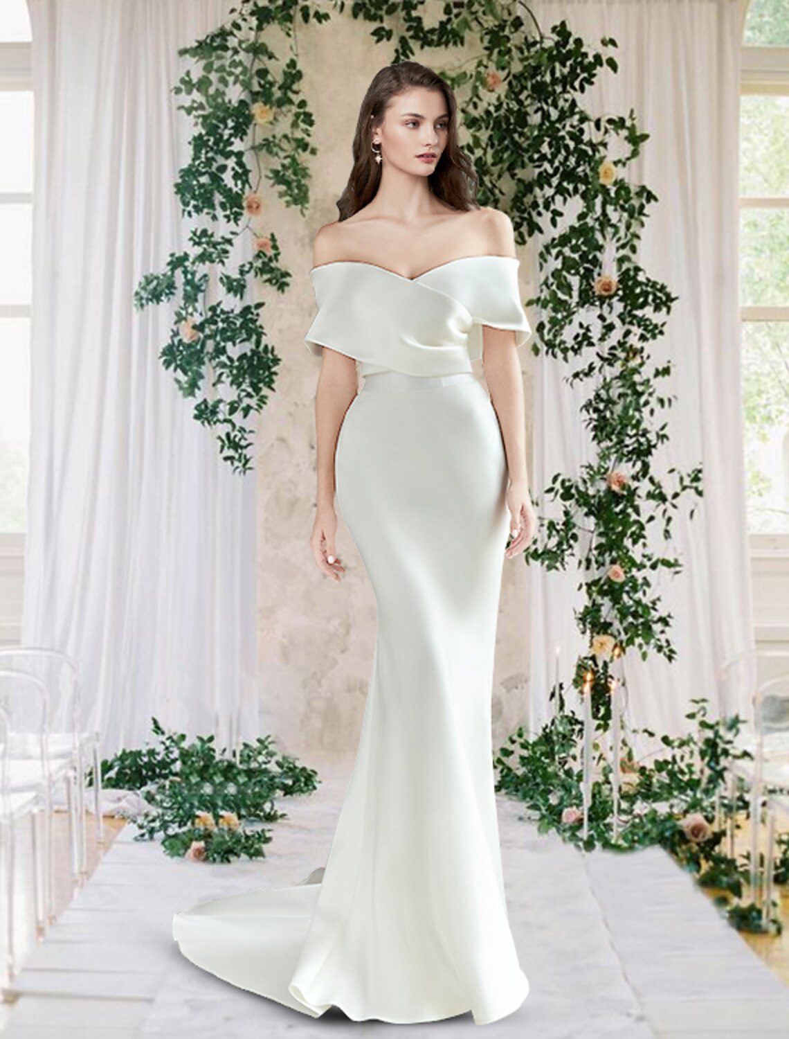 Leisure Wedding Dress Tight Pillar Off Shoulder Cap Sleeves Church Tailed Satin Bridal Dress with pleats