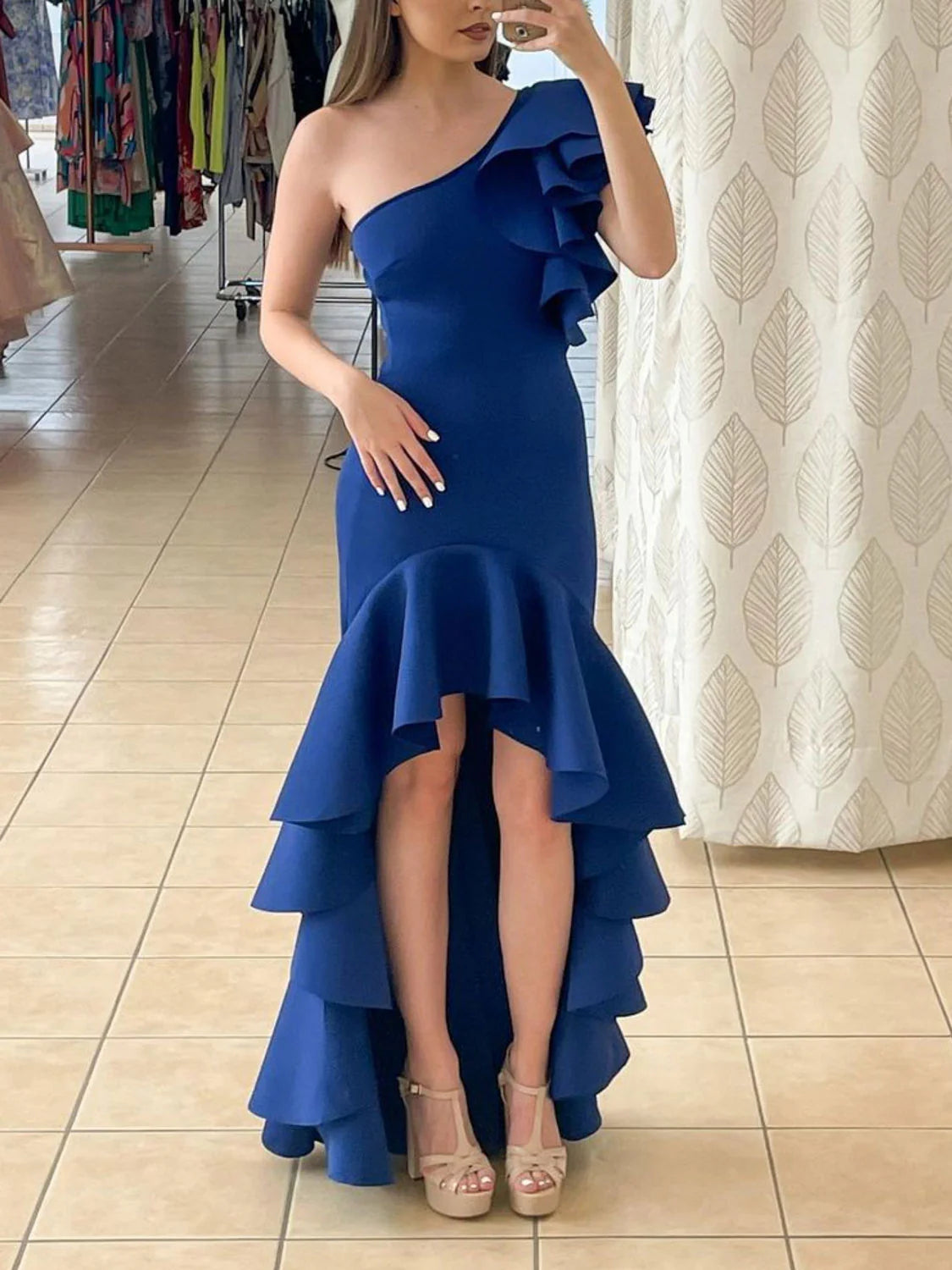 Royal blue satin one shoulder long prom dress blue prom dress