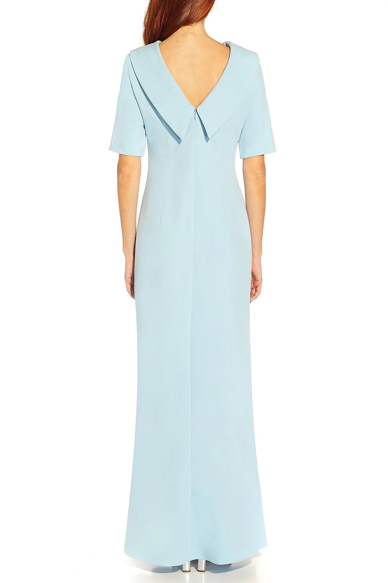 Crew Neck Short Sleeves Back Zipper Side Slit Long Crepe Mother of the Bride Dresses