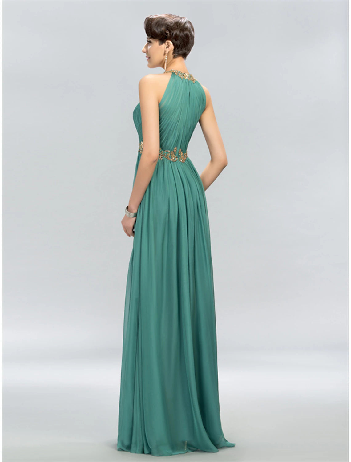 A-shaped wedding guest dress elegant and generous party attire wedding party and floor length sleeveless neck hanging chiffon pleated decorative stickers