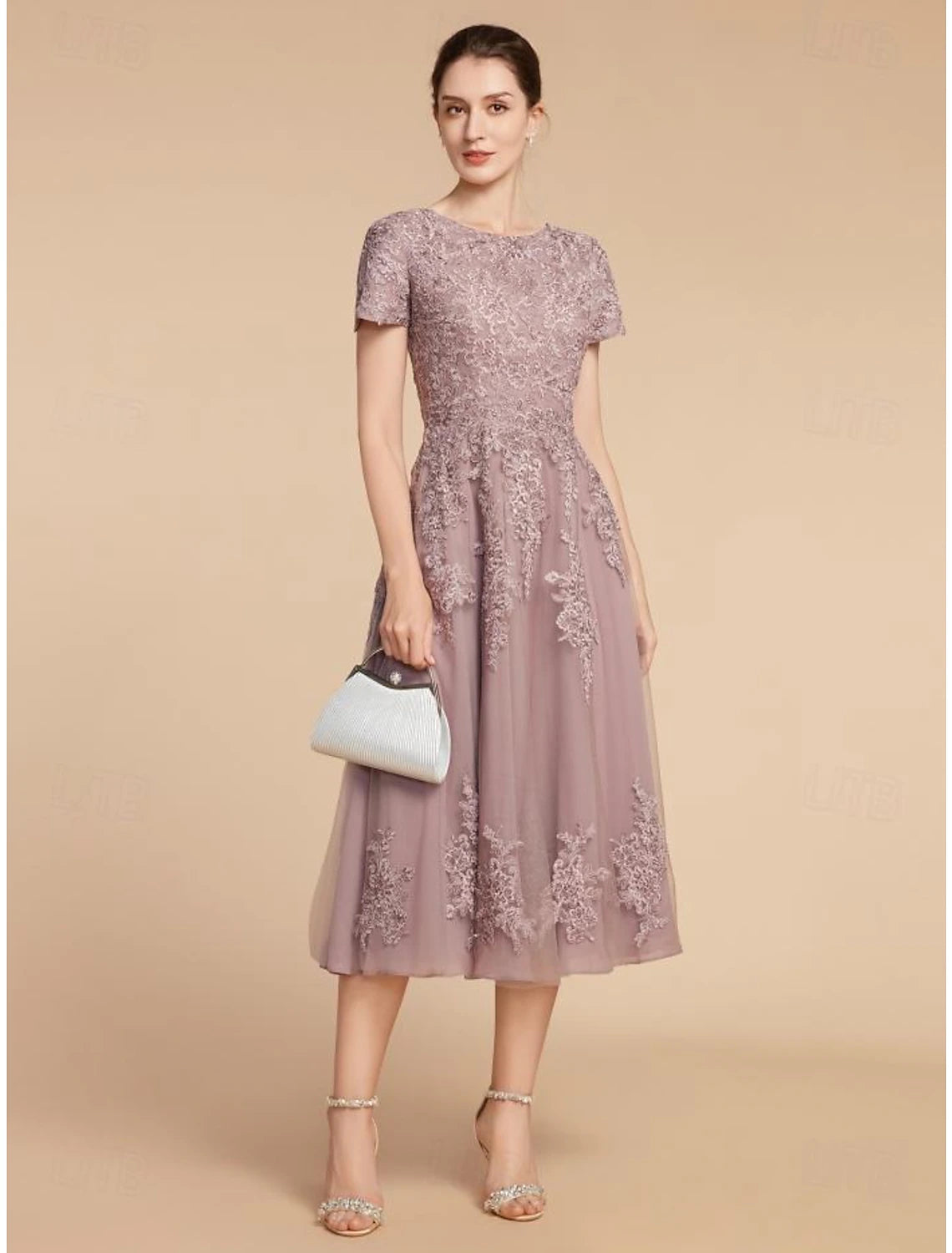 A-shaped Bride Mom Dress Wedding Guests Elegant and Beautiful Gem Neck Tea Long Lace Thin Veil Pleated Flowers