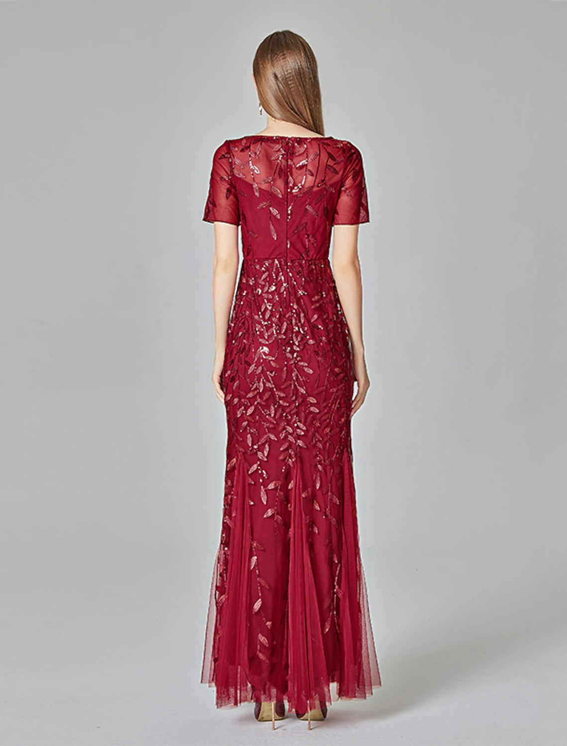 Mermaid Evening Dress Ball and Floor Length Short sleeved Jewelry Collar Autumn Wedding Guests Embroidered Thin Gauze