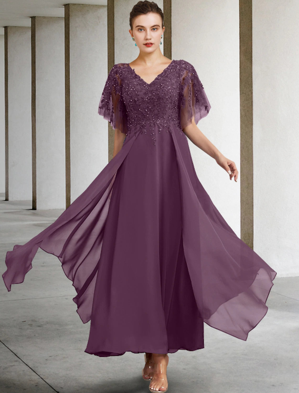 A-line curve bride's mother dress elegant gemstone collar and ankle chiffon lace short sleeved with sequin inlay