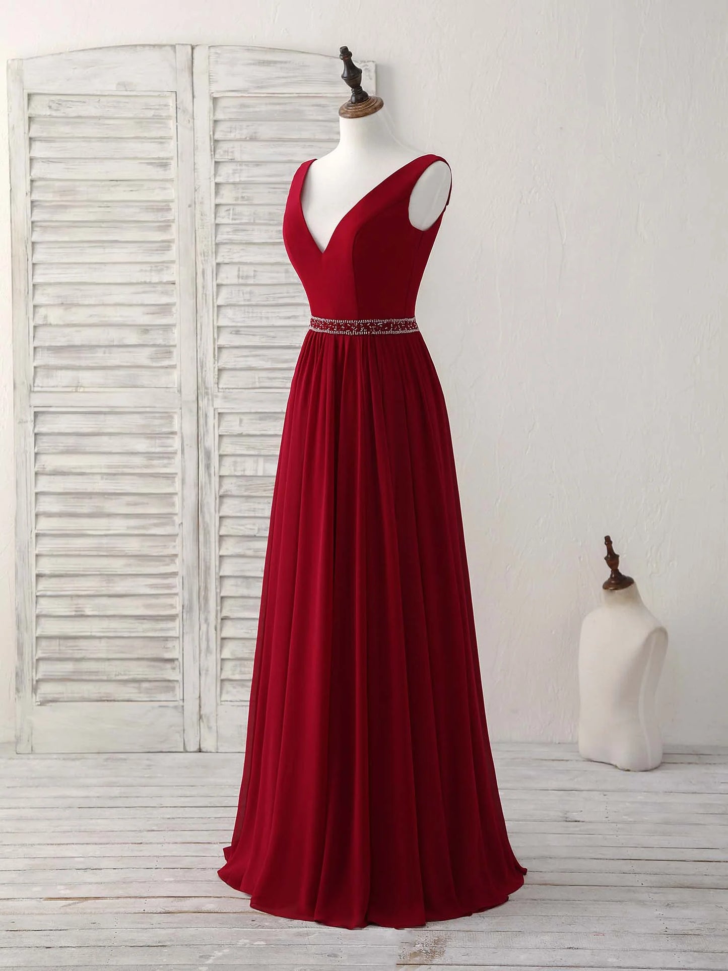 V Neck Beads Long Prom Dress Burgundy Evening Dress