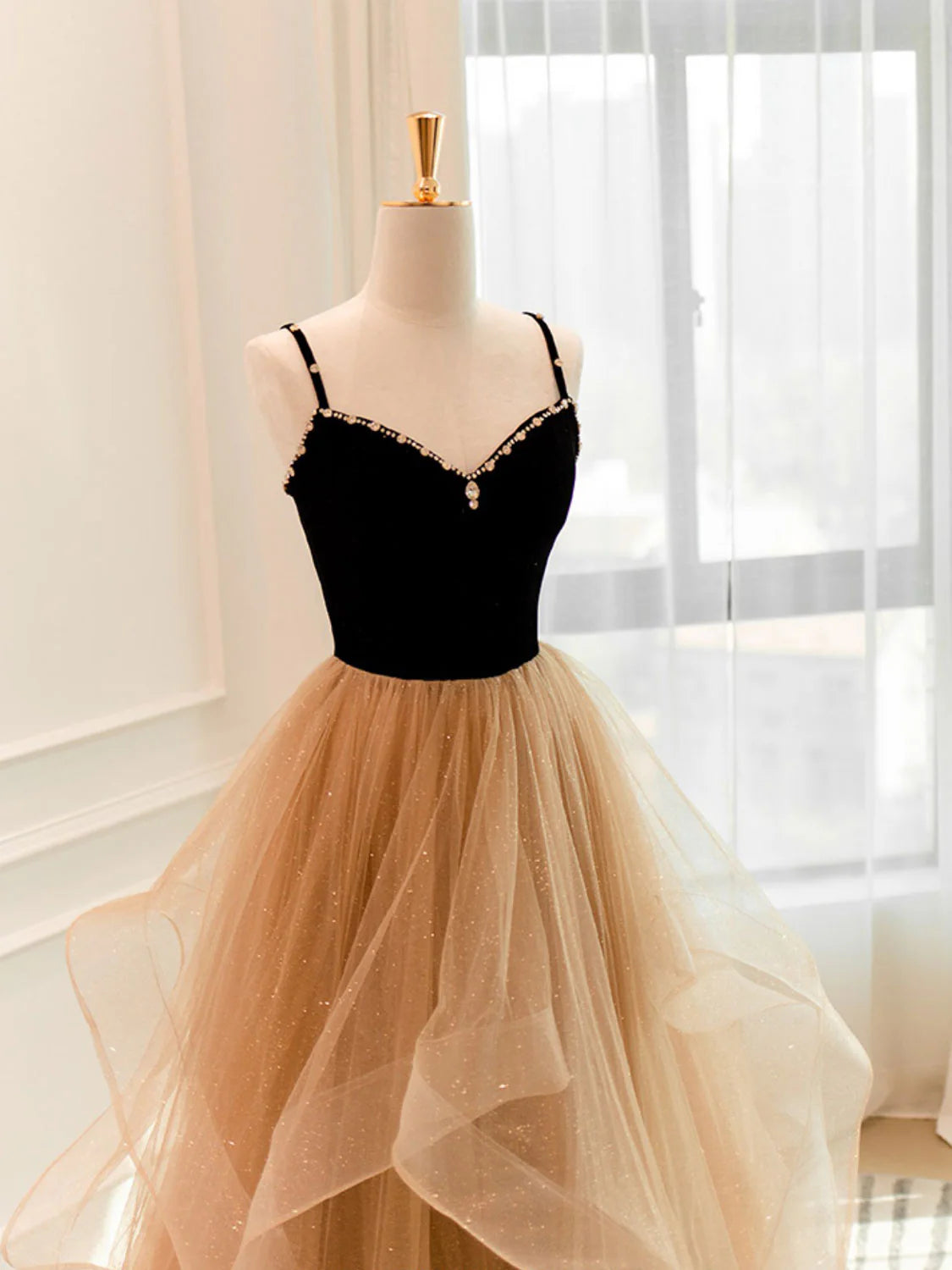 A-Line Champagne Tulle Long Prom Dress Long Prom Dresses