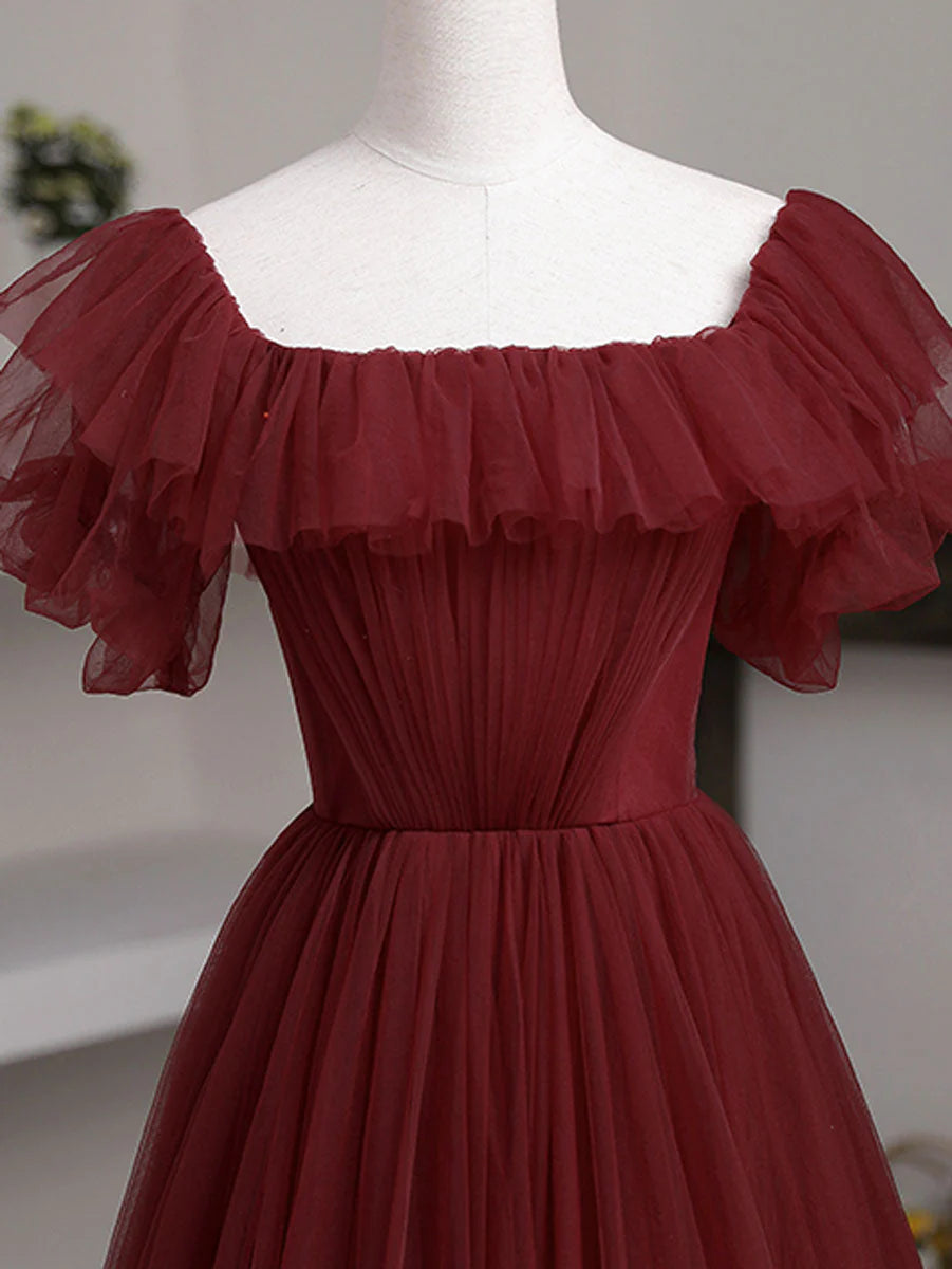 A line burgundy tulle long prom dress burgundy tulle prom dress