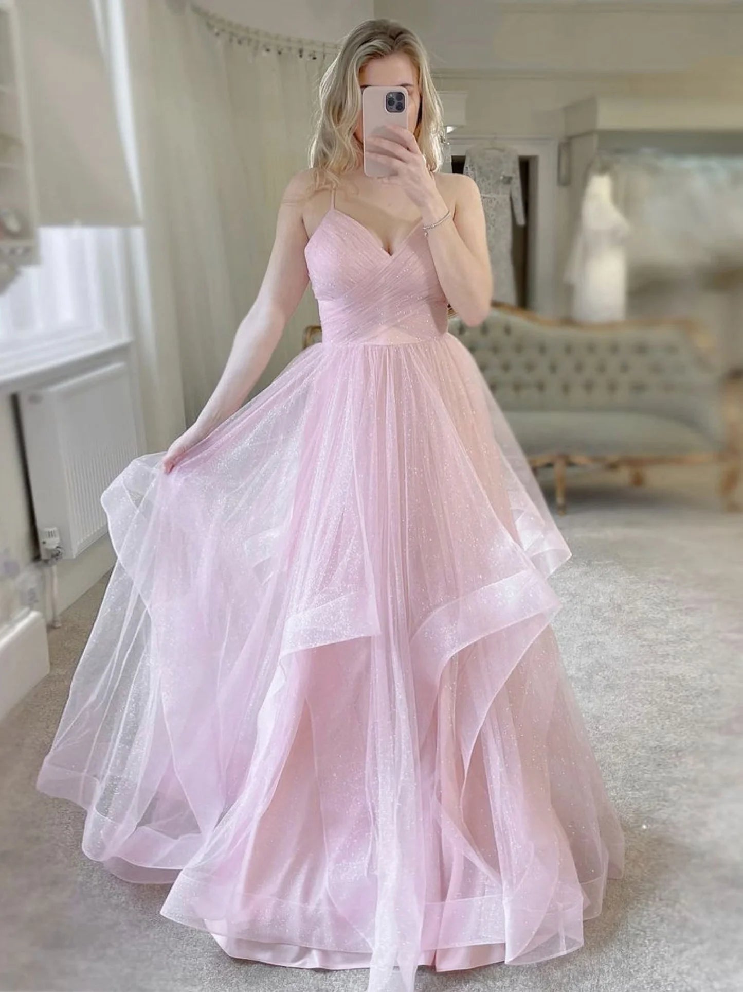 Simple pink v neck tulle long prom dress pink tulle formal prom dress