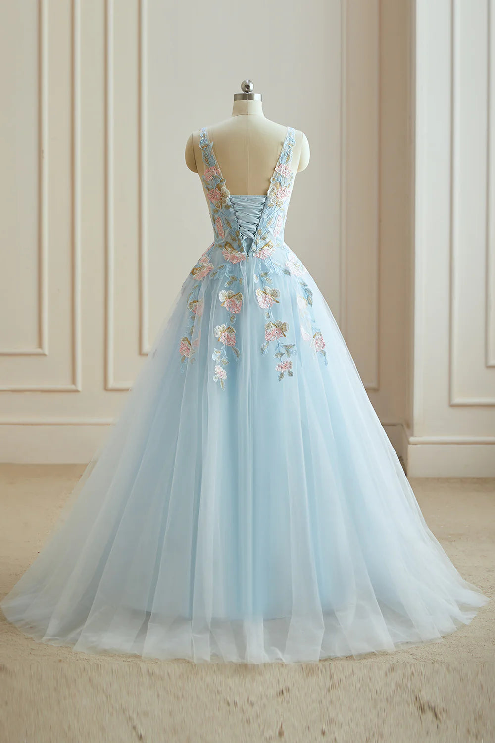 Noble and elegant A-line V-neck sheer lace backless long ball dress