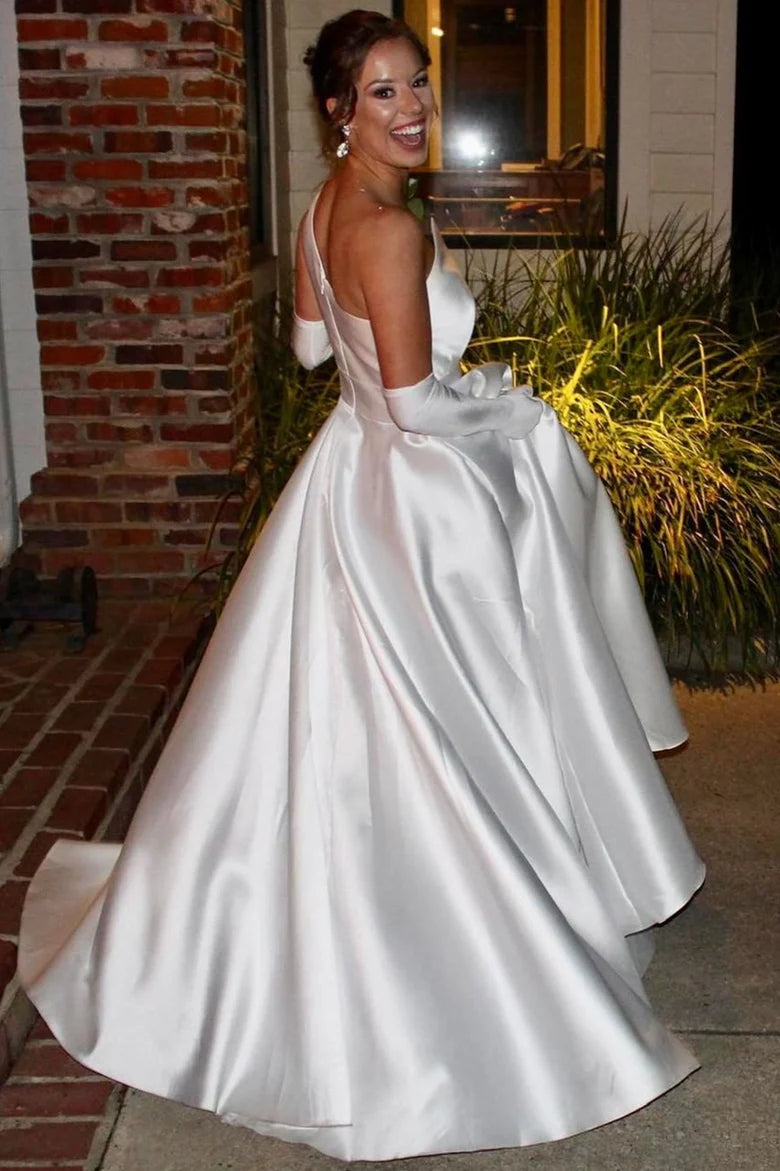 White Satin A-Line Long Wedding Dress