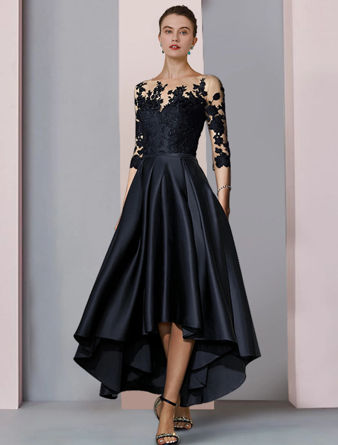 A-shaped Bride Mom Formal Dress Wedding Elegant High Low Spoon Neck Asymmetric Tea Length Satin Lace 3/4 Long Sleeves with Folded Stickers