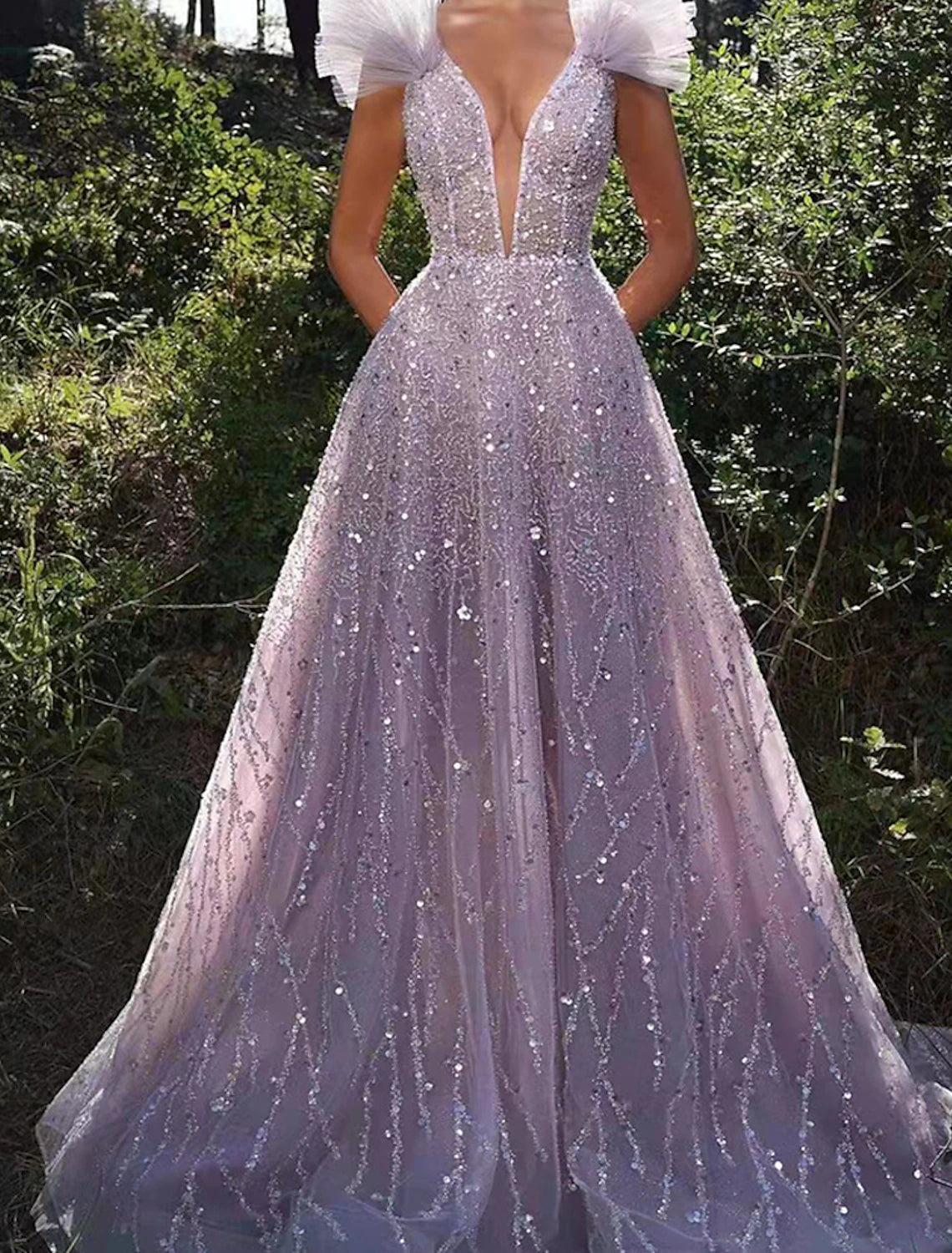 A-shaped ball sparkling dress formal wedding party floor length sleeveless V-neck sequin backless