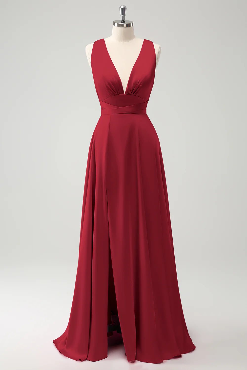 A Line Deep V Neck Backless Long Bridesmaid Dress with Slit