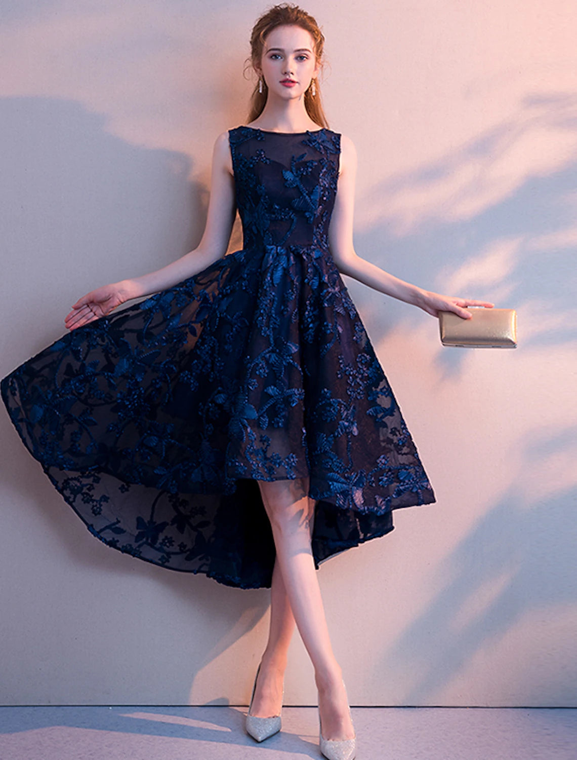 A-line Dress Elegant Wedding Guests Asymmetric Sleeveless Jewel Neck Thin Yarn Fold Pattern Print