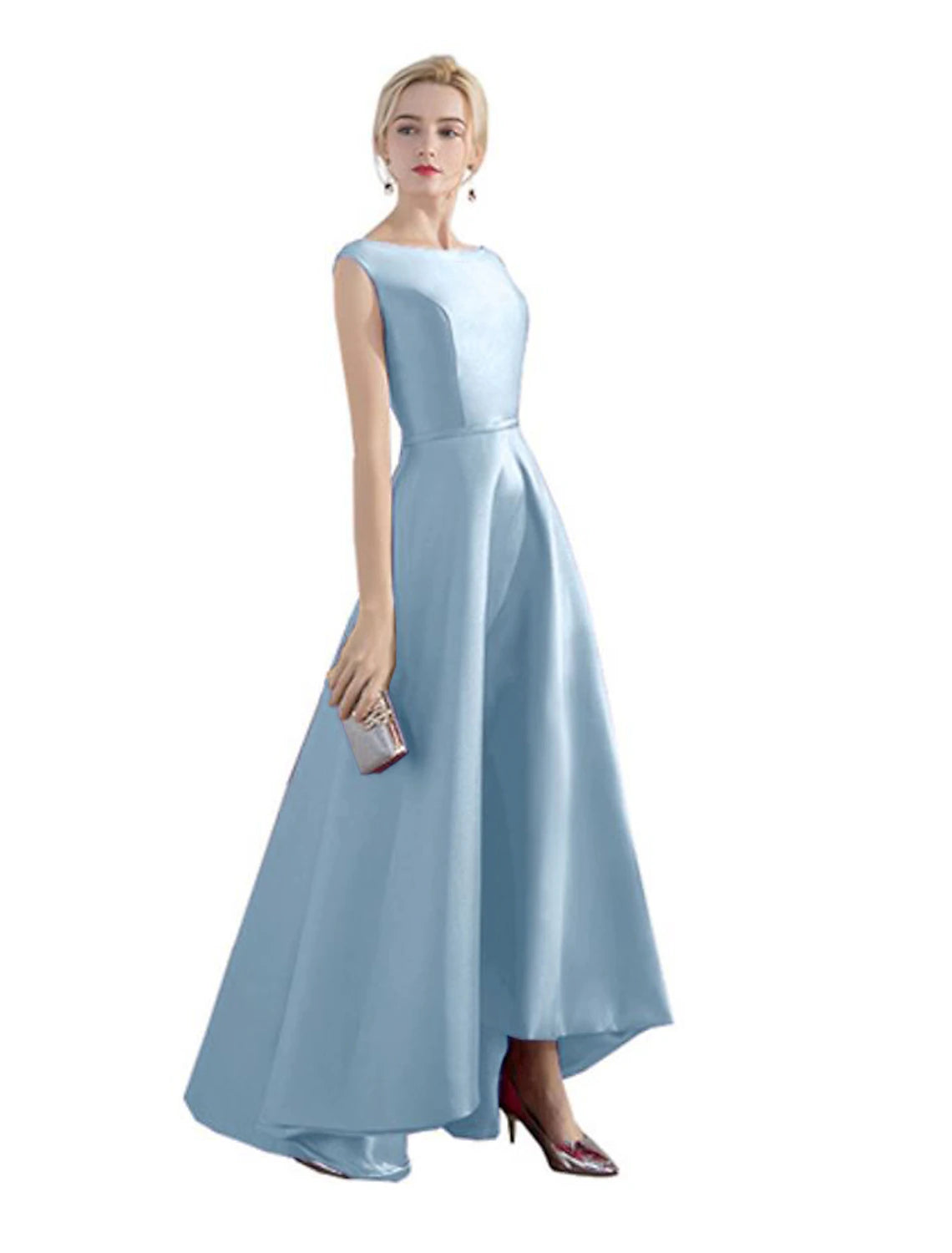 A-line Evening Dress Wedding Guest Party Asymmetric Sleeveless Jewel Neck Satin Fashion