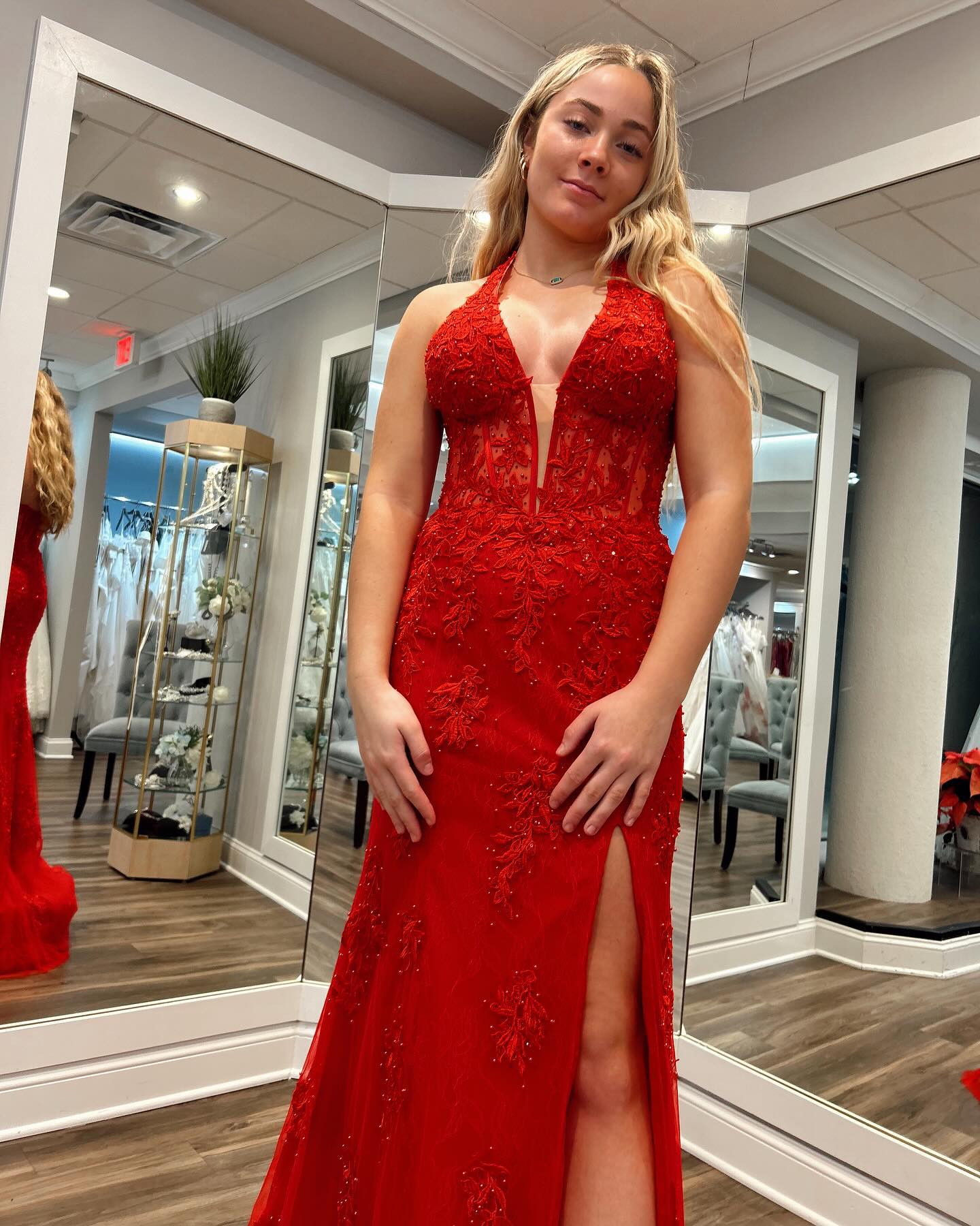 A mermaid dance dress adorned with beads split hem lace