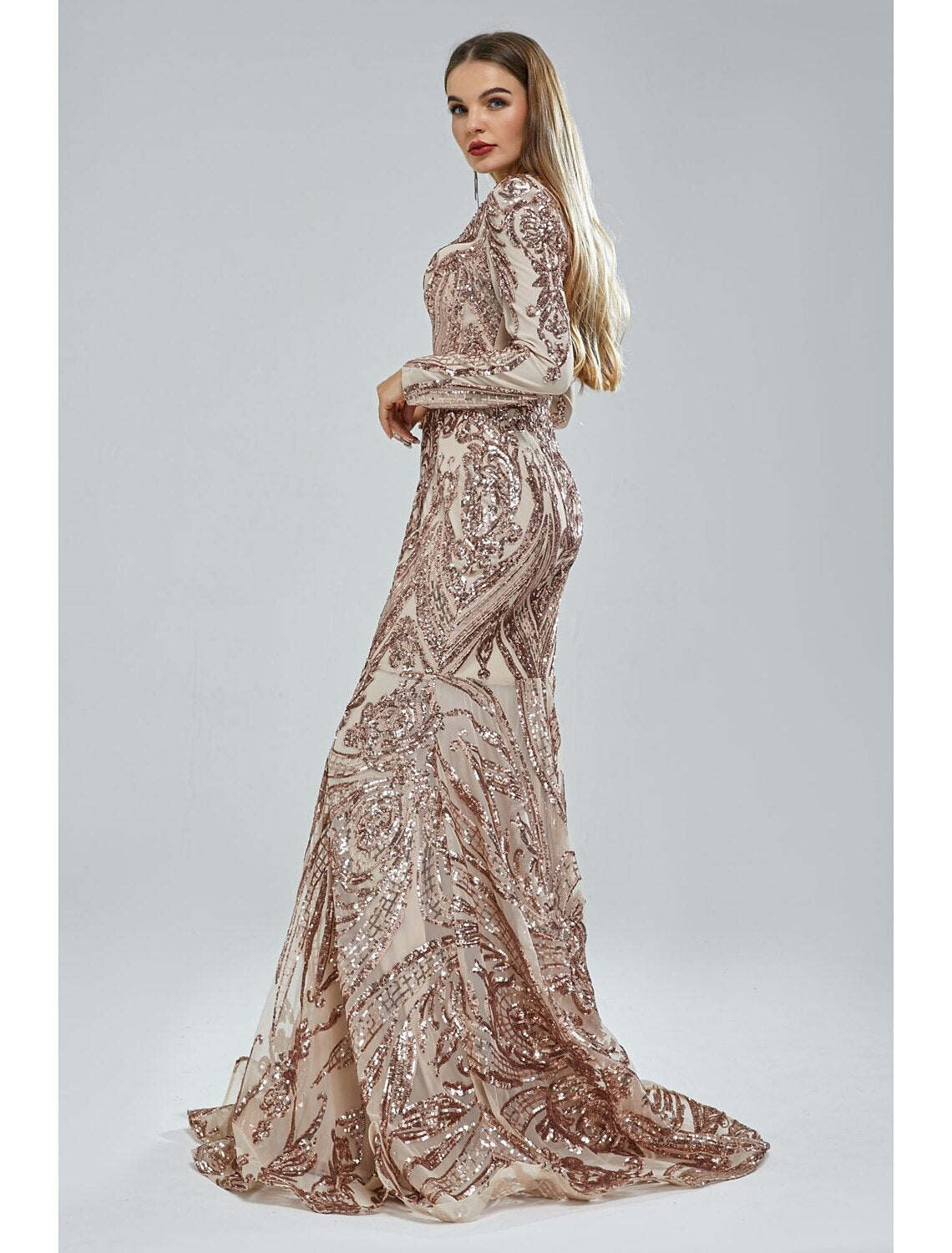 Mermaid Loudspeaker Elegant Evening Dress Carnival Long sleeved V-neck African American Lace with Sequins