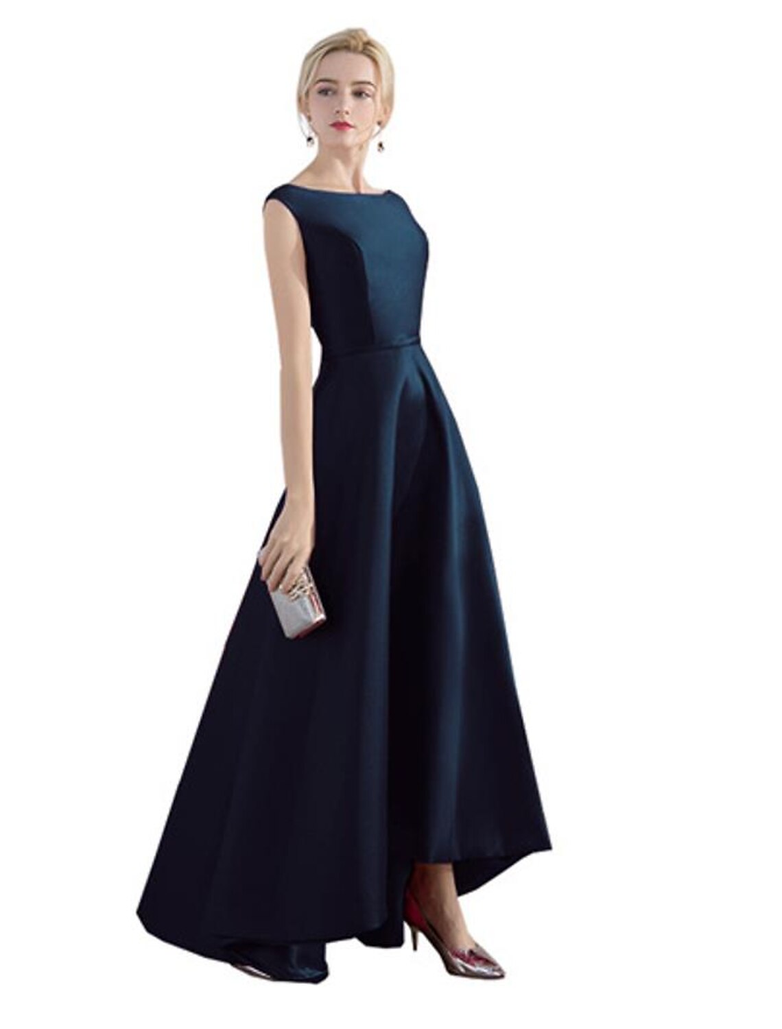A-line Evening Dress Wedding Guest Party Asymmetric Sleeveless Jewel Neck Satin Fashion
