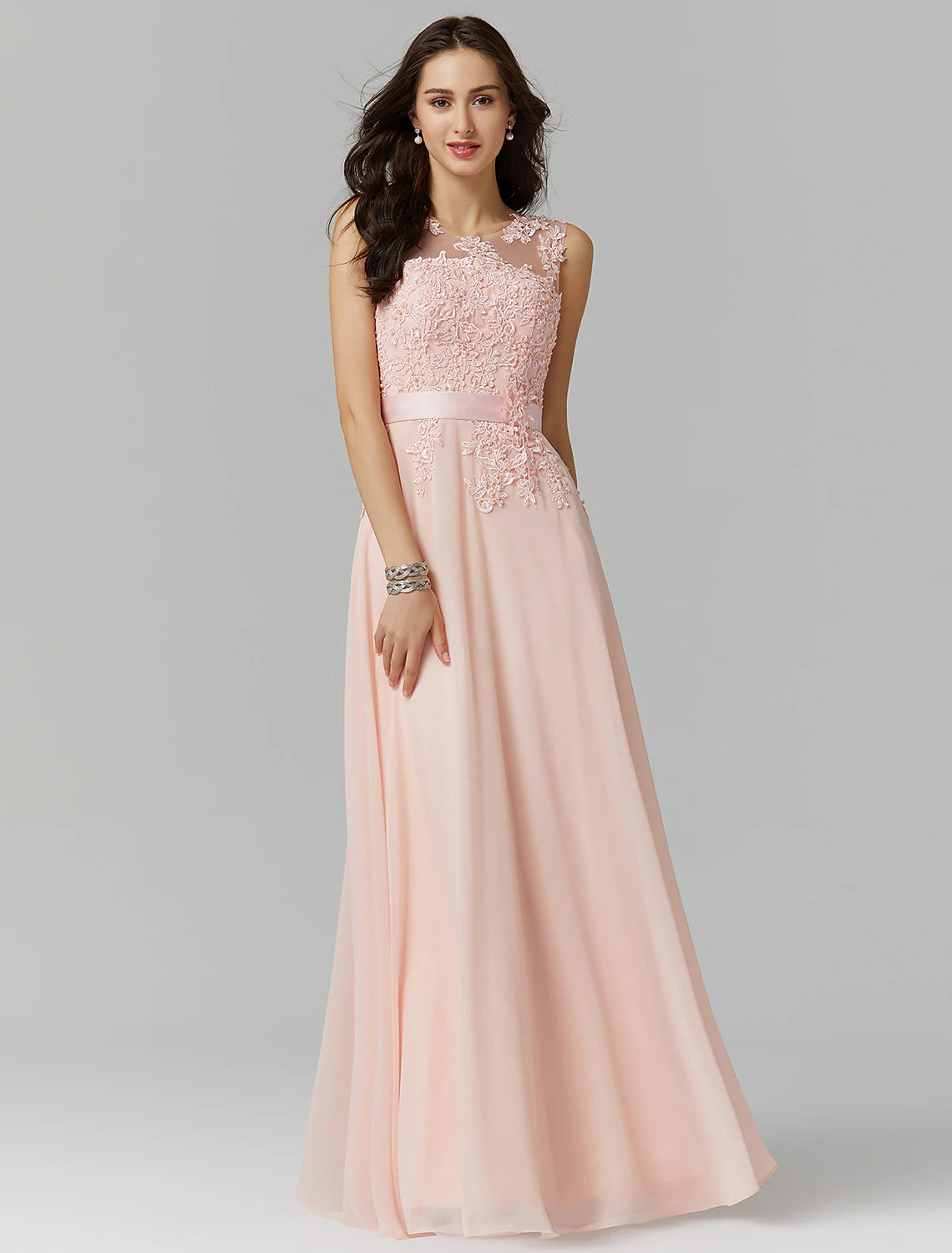 A-line Evening Dress Elegant Decal Dress Wedding Guest Ball and Floor Length Sleeveless Perspective Collar Bridesmaid Dress Georgette