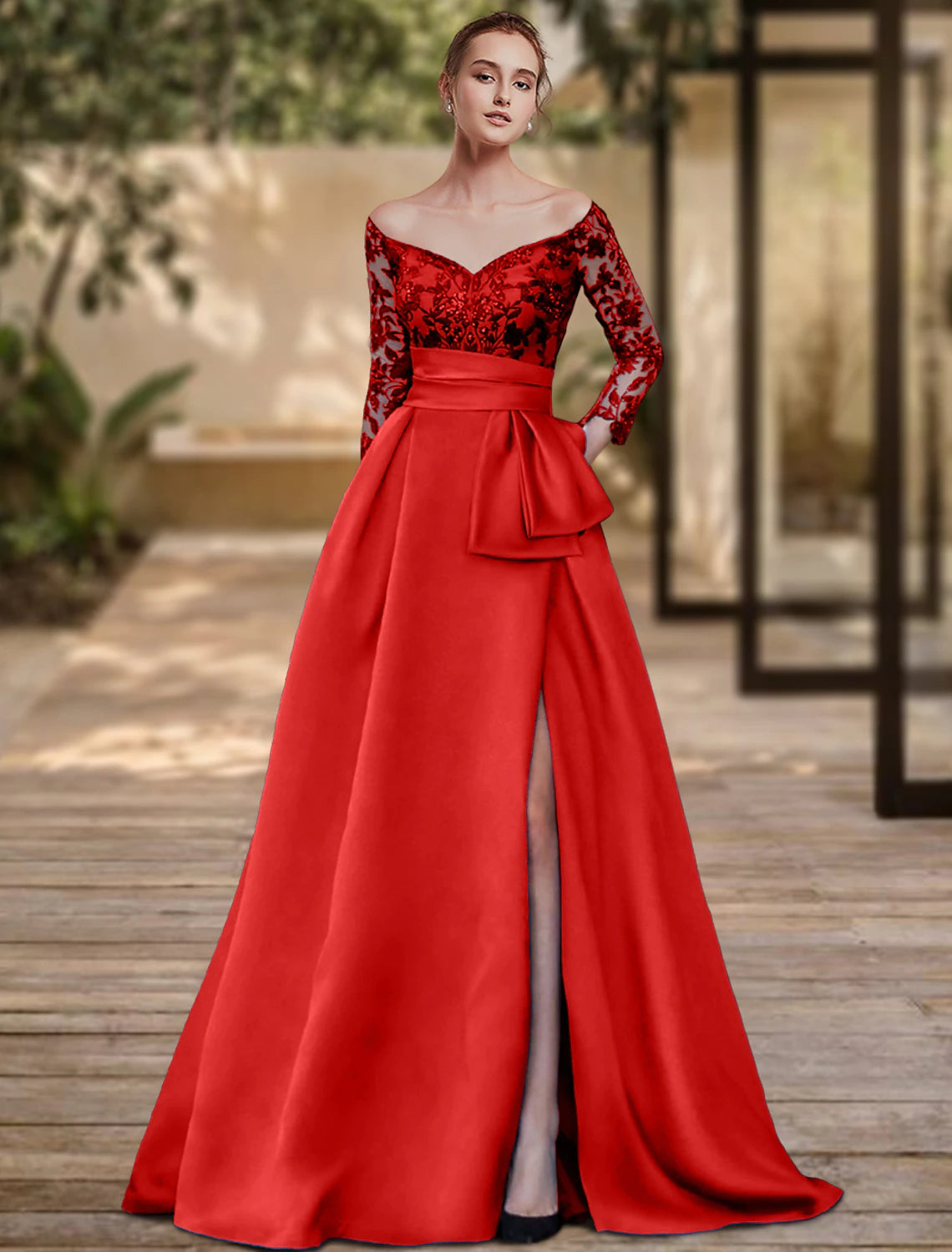 Tight column style evening dress with high slit for formal wedding guests broomstick tail 3/4 long sleeved off shoulder soft satin with bow slit