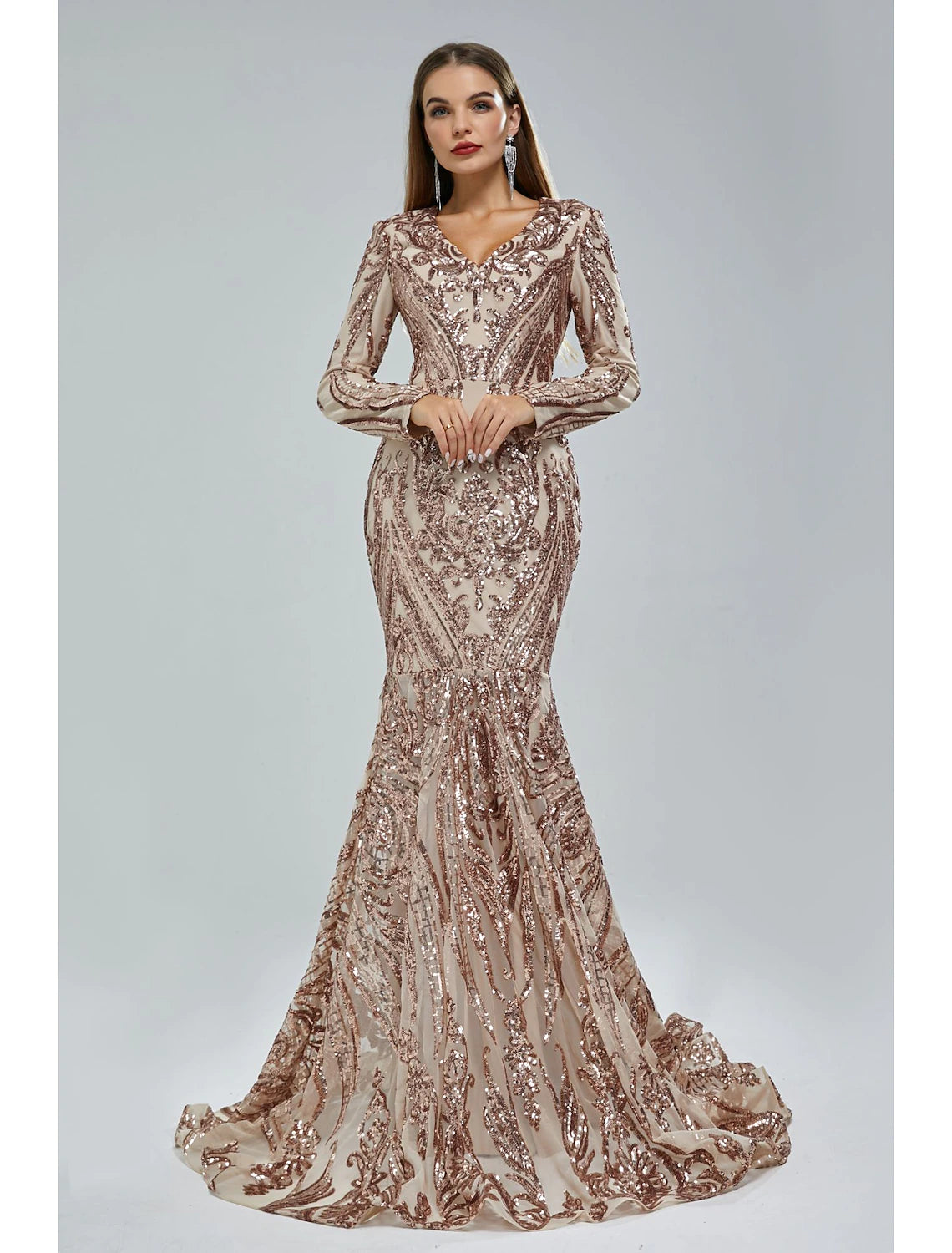 Mermaid Loudspeaker Elegant Evening Dress Carnival Long sleeved V-neck African American Lace with Sequins