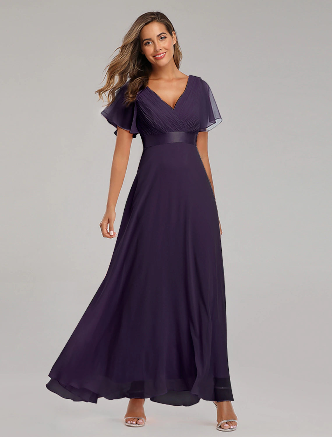 A-shaped ball dress autumn wedding guest dress bridesmaid floor to ceiling long and short sleeved V-neck chiffon V-back strap pleated ruffle edge