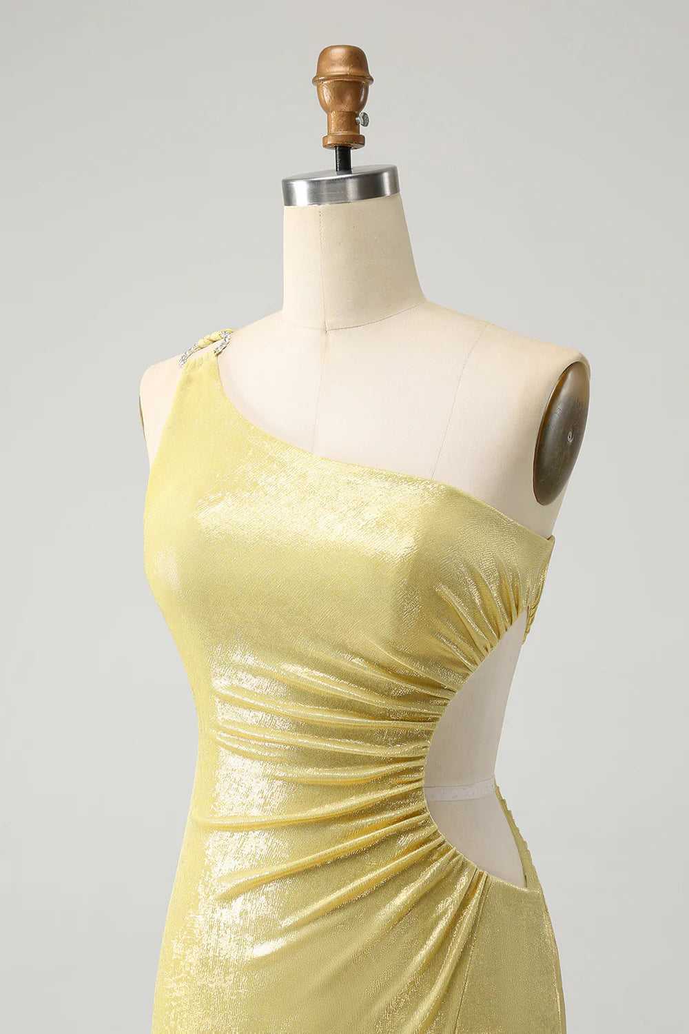 Yellow Bodycon One Shoulder Hollow Out Pleated Metallic Homecoming Dress